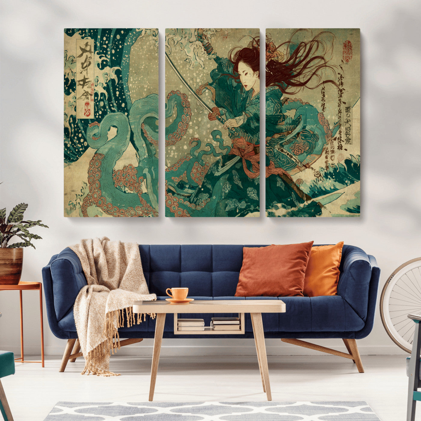 86918027-MGV-CV-36X24-Tsukioka Yoshitoshi Samurai Wall Art Print, Japanese Katana Warrior Canvas Wall Art, Octopus Sea Monster Canvas Print,