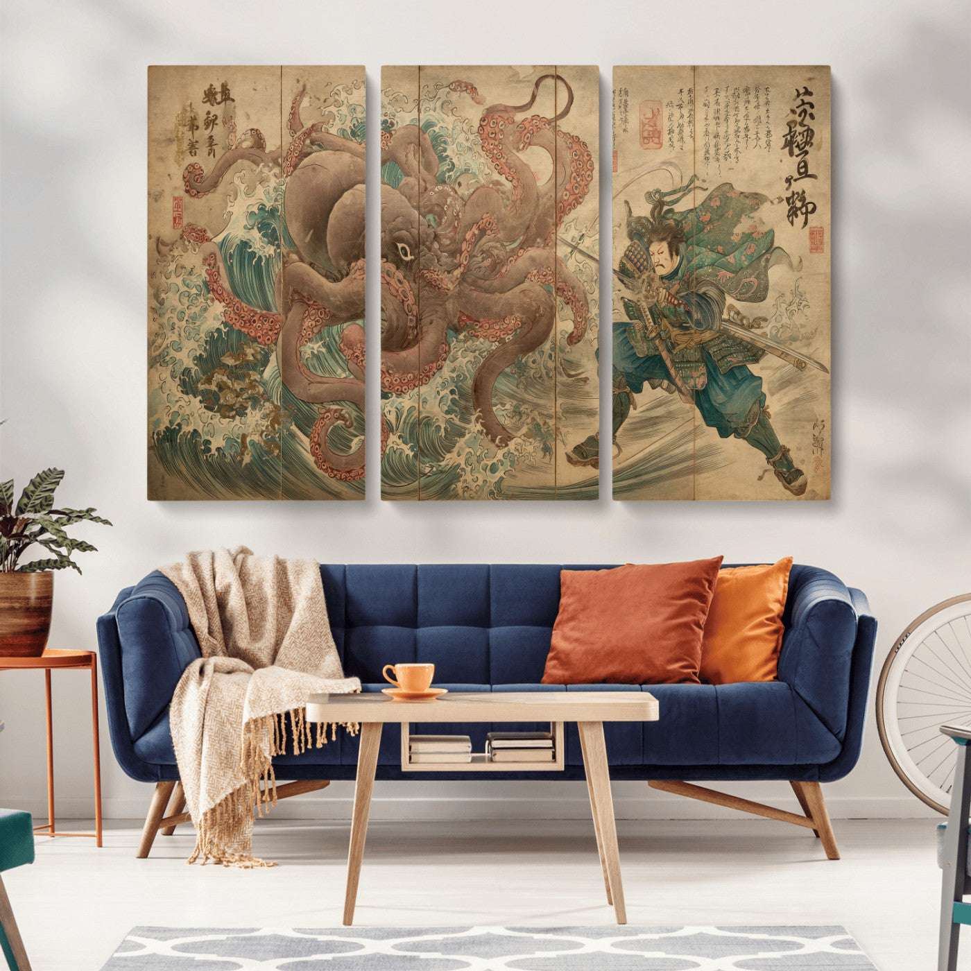 63782167-MGV-CV-36X24-Tsukioka Yoshitoshi Samurai Wall Art Print, Japanese Katana Warrior Canvas Wall Art, Octopus Sea Monster Canvas Print,