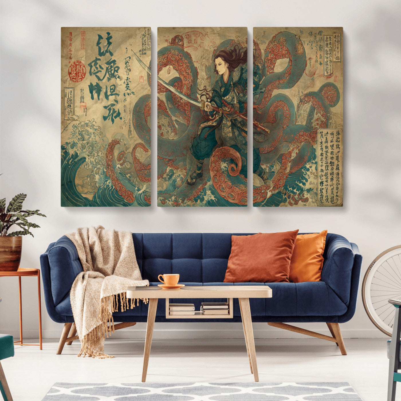 98593115-MGV-CV-36X24-Samurai Warrior vs Octopus Wall Art – Japanese Ukiyo-e Calligraphy Canvas Print, Ocean Battle Scene Artwork for Living Room,