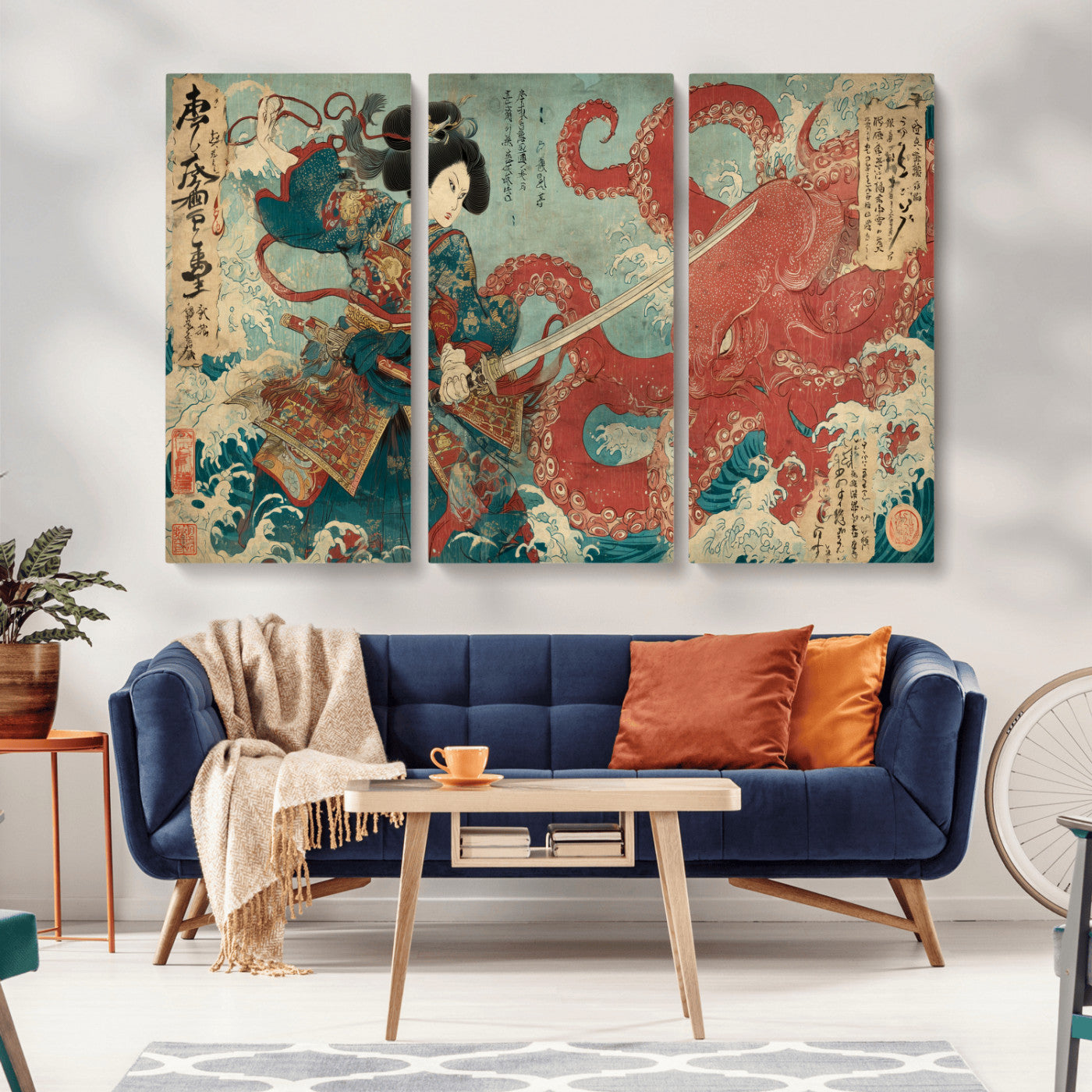 68844327-MGV-CV-36X24-Tsukioka Yoshitoshi Samurai Wall Art Print, Japanese Katana Warrior Canvas Wall Art, Octopus Sea Monster Canvas Print,