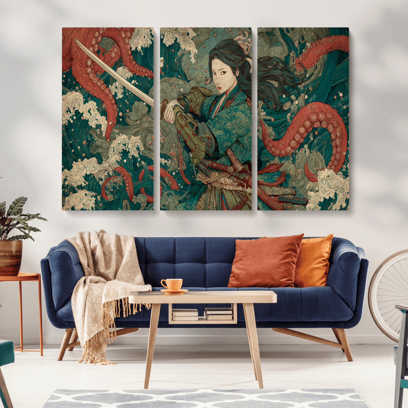 35461724-MGV-CV-36X24-Samurai Woman vs Octopus Wall Art – Japanese Ukiyo-e Ocean Waves Canvas Print, Red Tentacle Battle Artwork for Living Room,