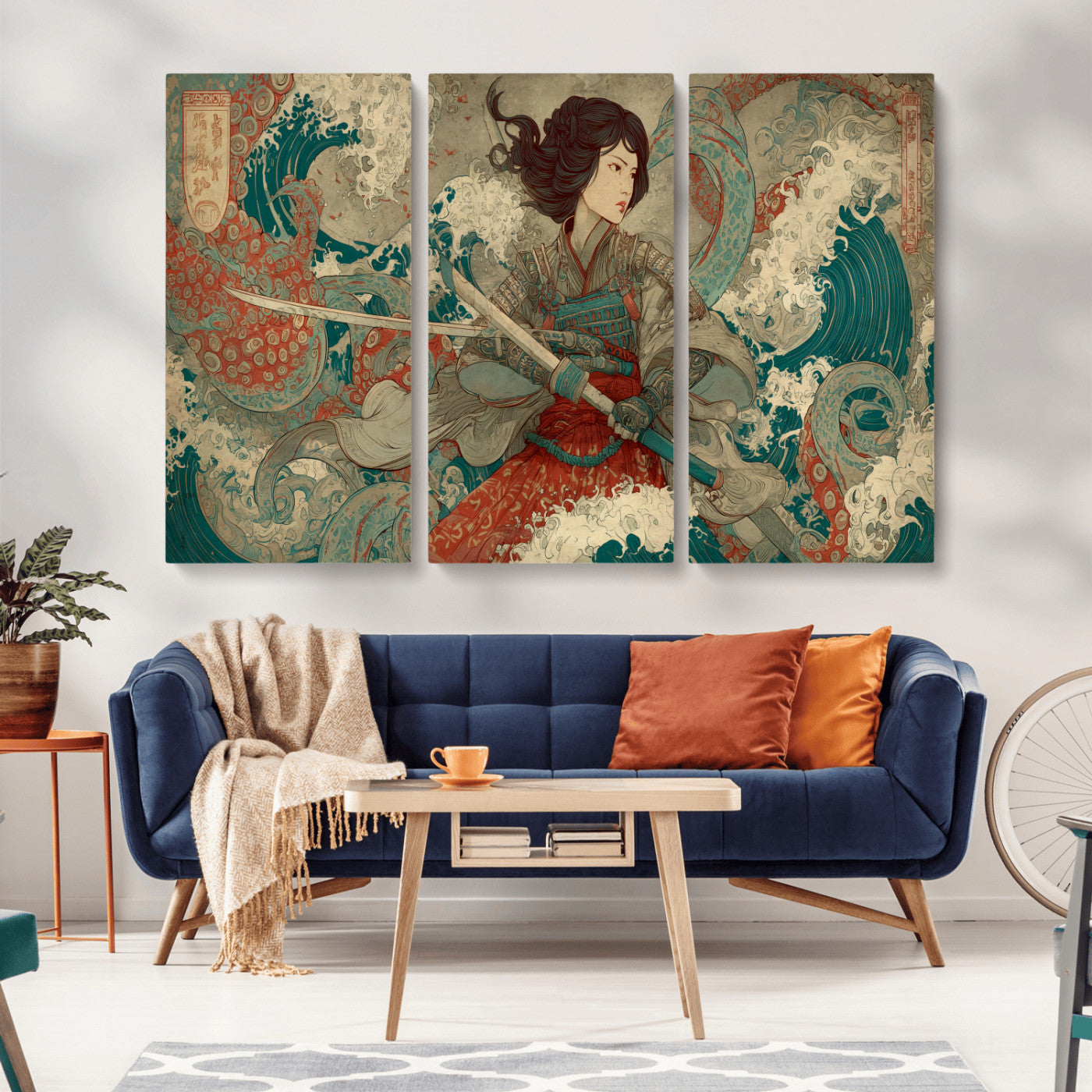 63377977-MGV-CV-36X24-Tsukioka Yoshitoshi Samurai Wall Art Print, Japanese Katana Warrior Canvas Wall Art, Octopus Sea Monster Canvas Print,