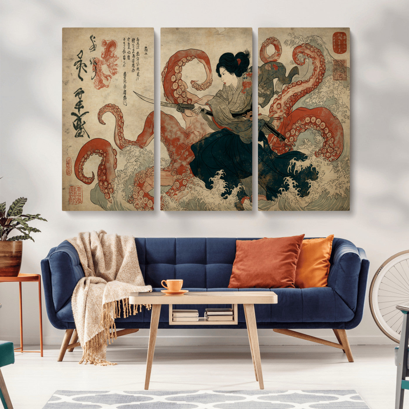 82737246-MGV-CV-36X24-Samurai Woman vs Octopus Wall Art – Japanese Ukiyo-e Dual Sword Canvas Print, Red Tentacle Ocean Battle Artwork for Living Room,