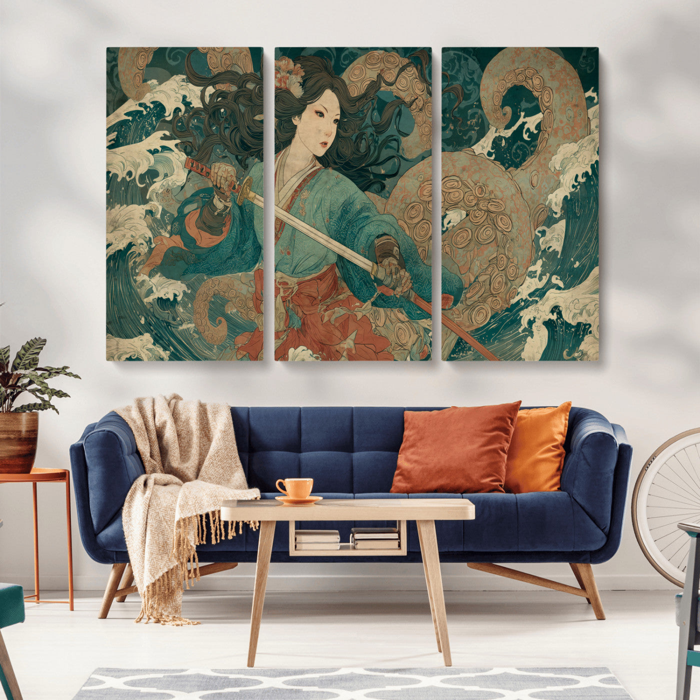 79740258-MGV-CV-36X24-Samurai Woman vs Octopus Wall Art – Japanese Ukiyo-e Blue Kimono Canvas Print, Ocean Battle Artwork for Living Room, Office, Man