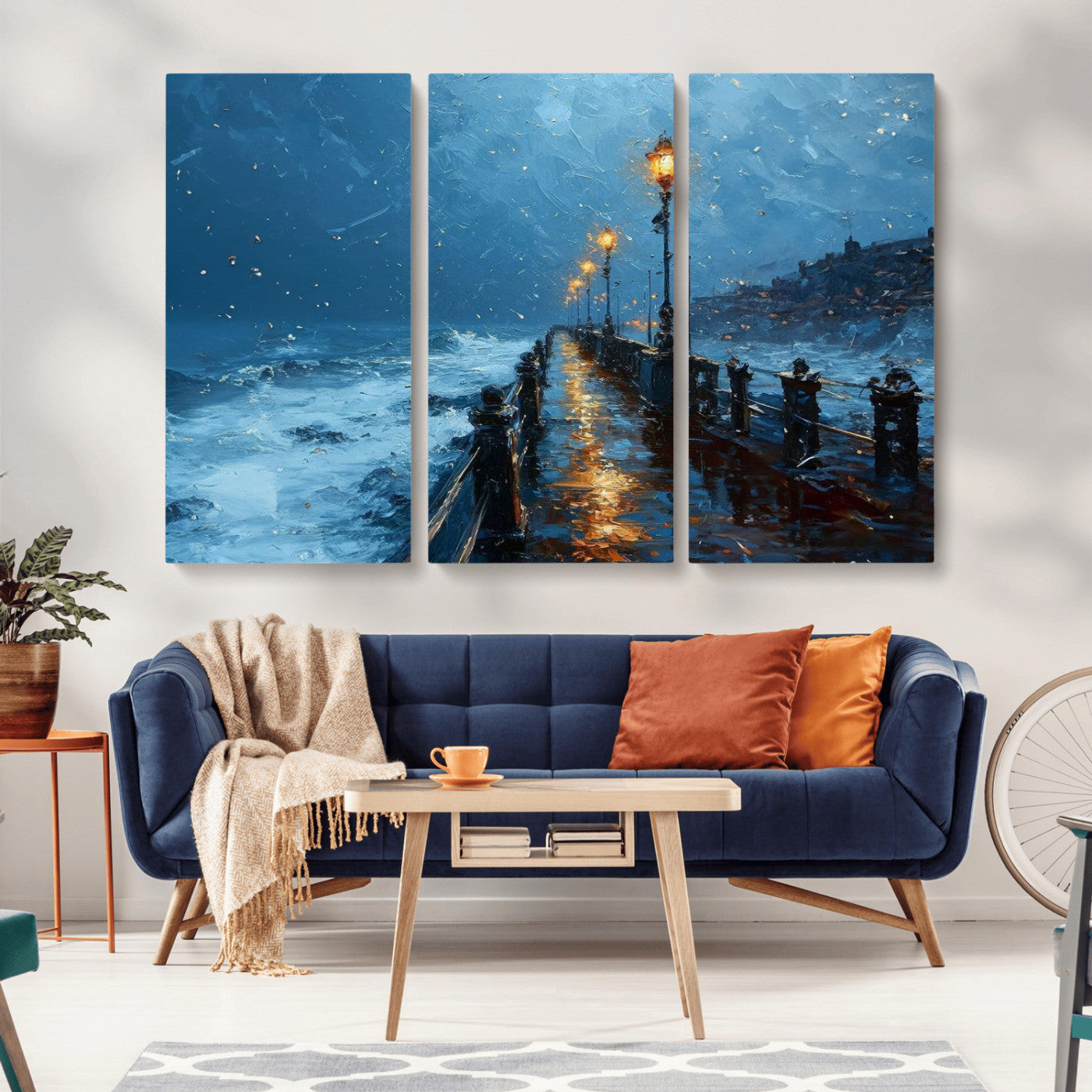 93793246-MGV-CV-36X24-Stormy Night Pier Canvas Wall Art – Moody Ocean Landscape with Lights, Blue Coastal Seascape Print for Bedroom, Living Room,