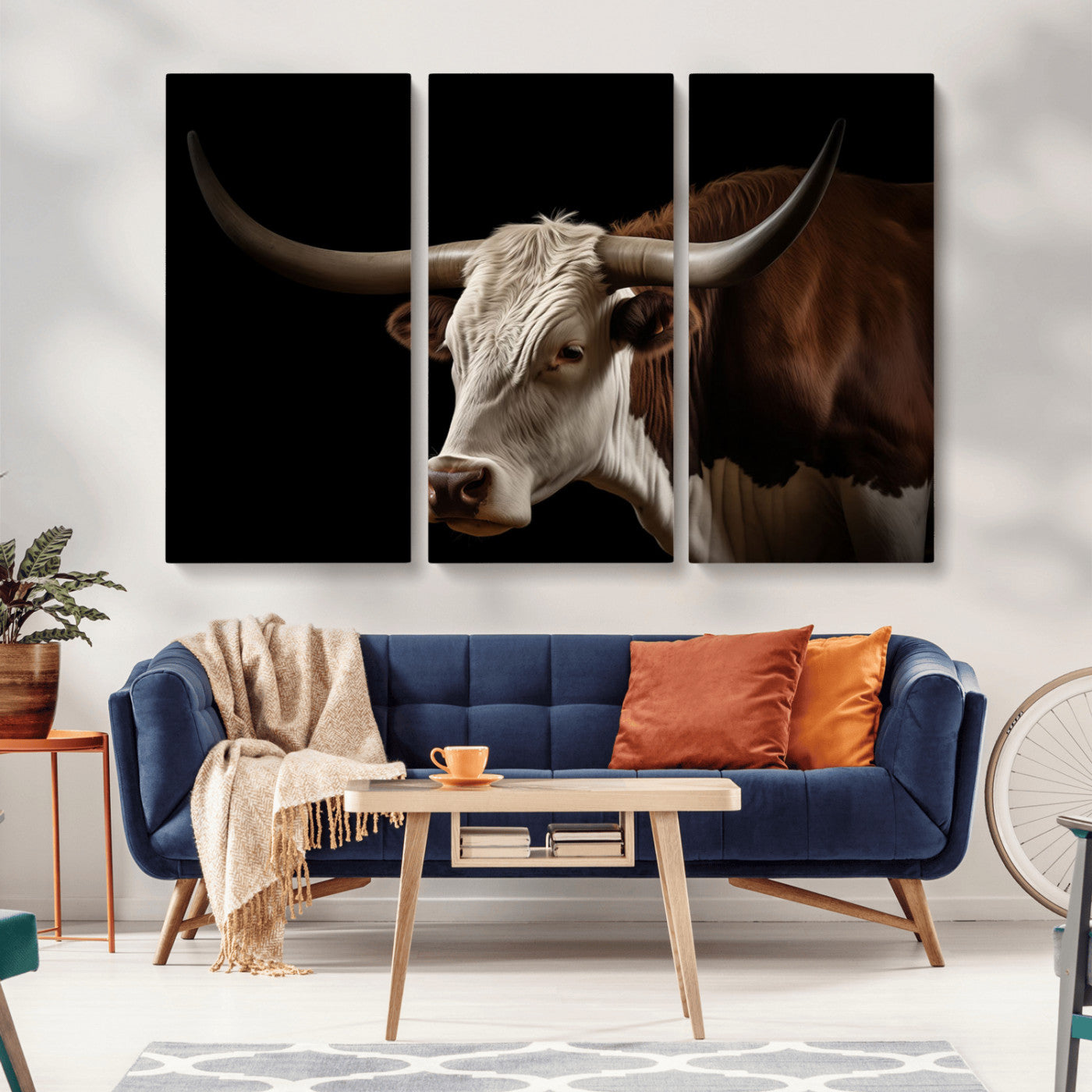 27414857-MGV-CV-36X24-Longhorn Bull Wall Art – Dramatic Western Steer Portrait Canvas Print, Rustic Farmhouse Animal Decor for Living Room, Office, or