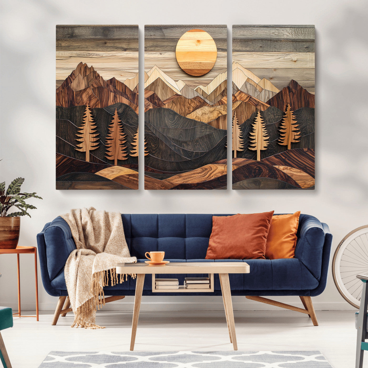 90044381-MGV-CV-36X24-Rustic Wall Art – Wooden Mountain Landscape with Sun and Pine Trees, Handcrafted Nature Canvas Style Decor for Bedroom, Living