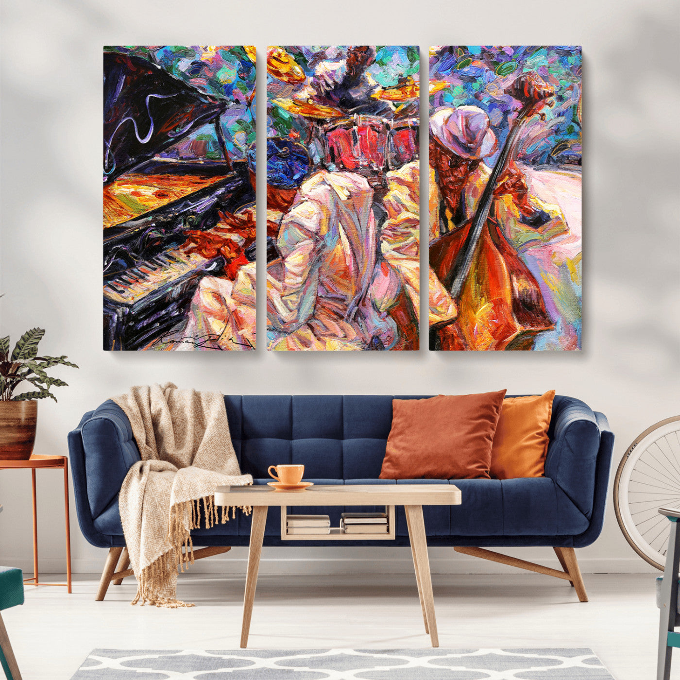 13675-MGV-CV-36X24-Jazz Band Wall Art Canvas Print, Framed Jazz Oil Painting Art Picture Print, Vibrant Music Perfect Abstract Musical Decor Artwork