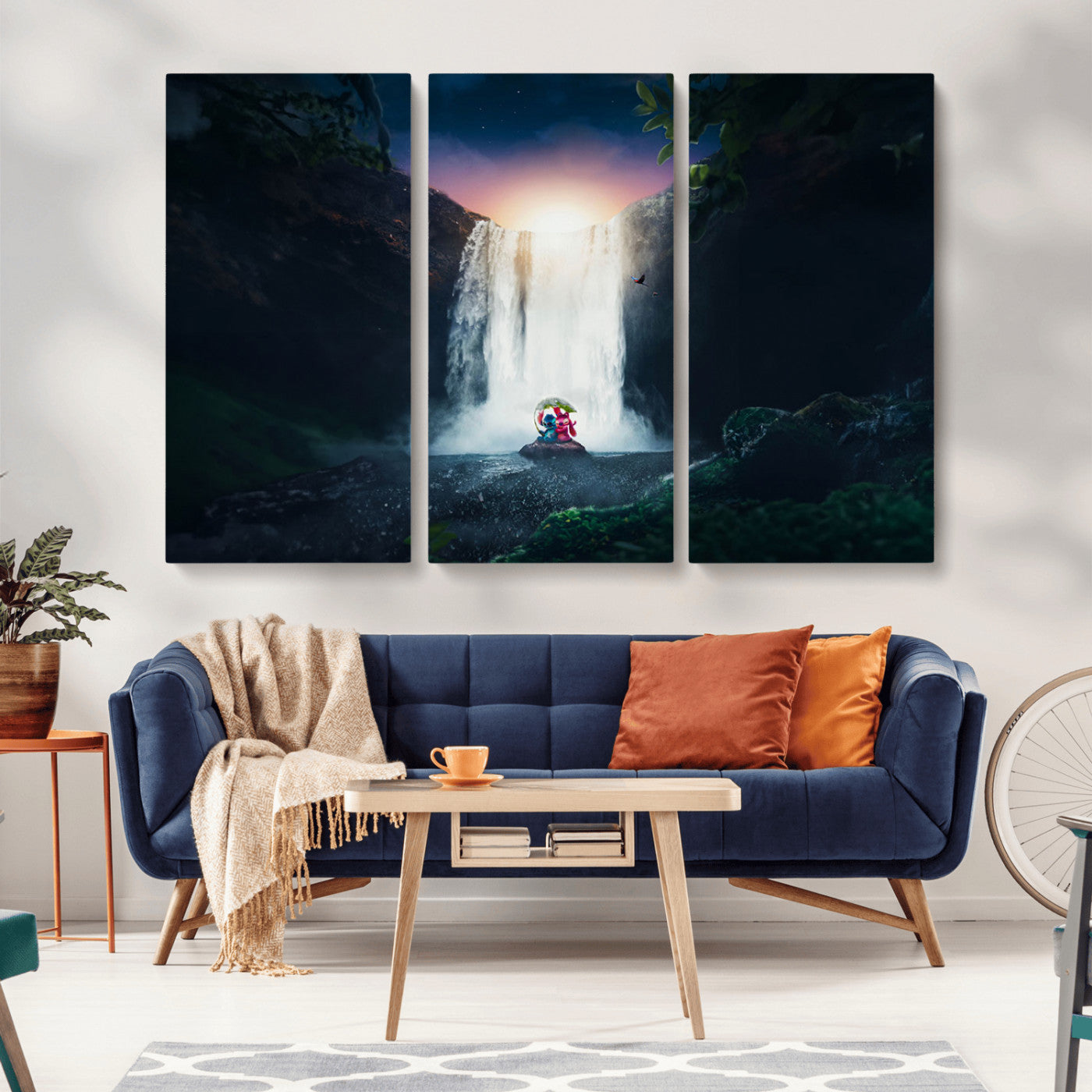 56359-MGV-CV-36X24-Lilo Stitch Wall Art Canvas Print, Framed Stitch Angel Art Picture Print, Cartoon Waterfall Perfect Tropical Fantasy Decor Artwork
