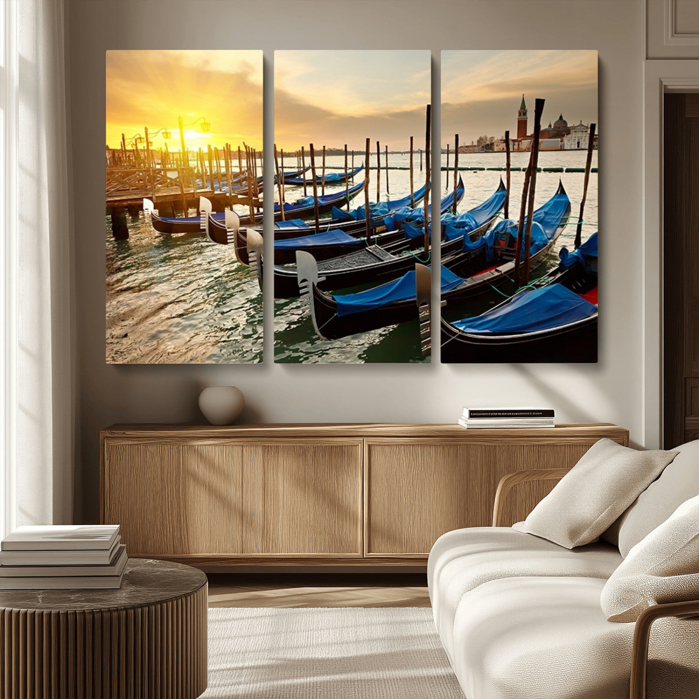 25872-MGV-CV-36X24-Venetian Gondola Dock Wall Art – Serene Sunset Canal Canvas Print, Tranquil Water Travel Decor for Office, Living Room, or Man