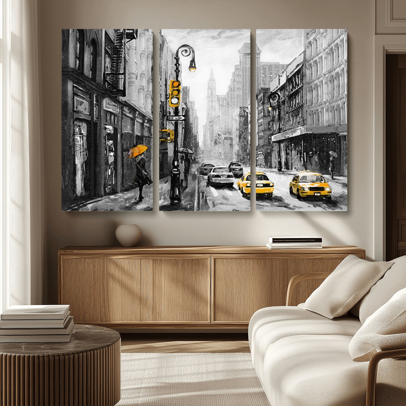 32362-MGV-CV-36X24-NYC Street Wall Art – Black and White Cityscape with Yellow Taxis and Umbrella Canvas Print, Urban Home Decor for Living Room or