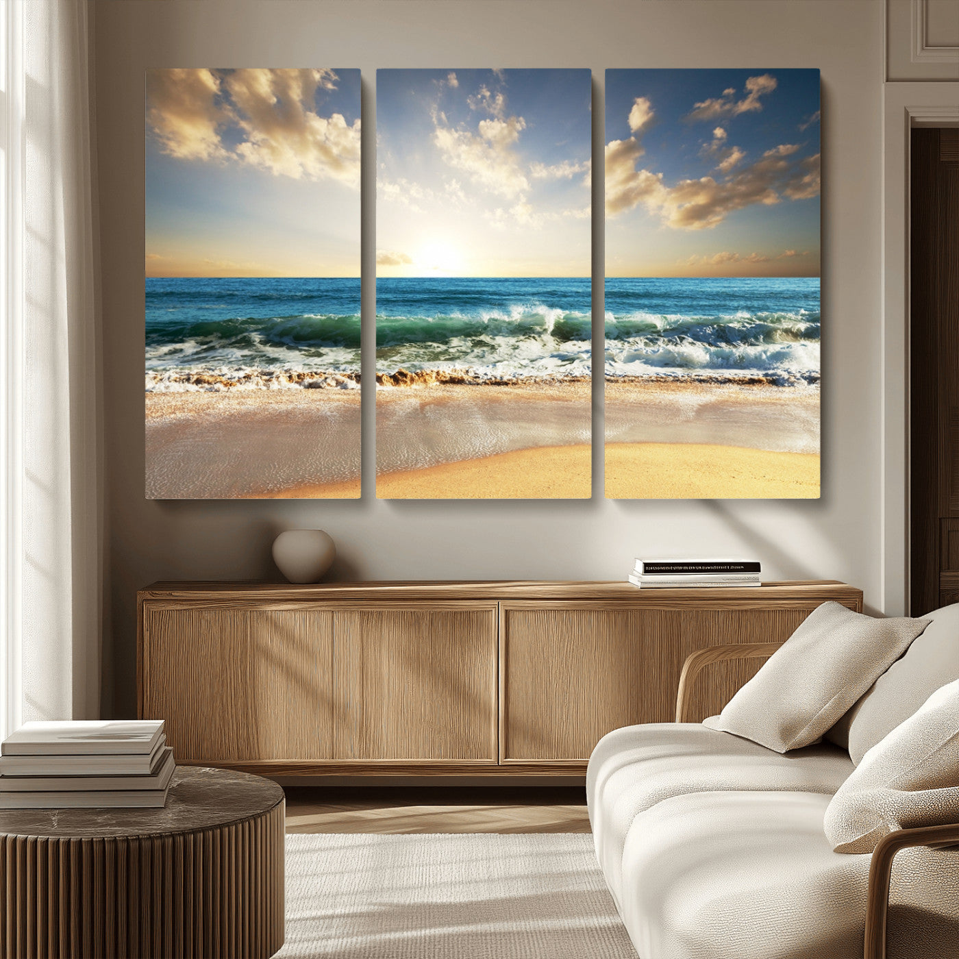 13139-MGV-CV-36X24-Sunrise Beach Wall Art – Ocean Waves and Golden Sand Canvas Print, Coastal Home Decor for Living Room, Bedroom, or Office