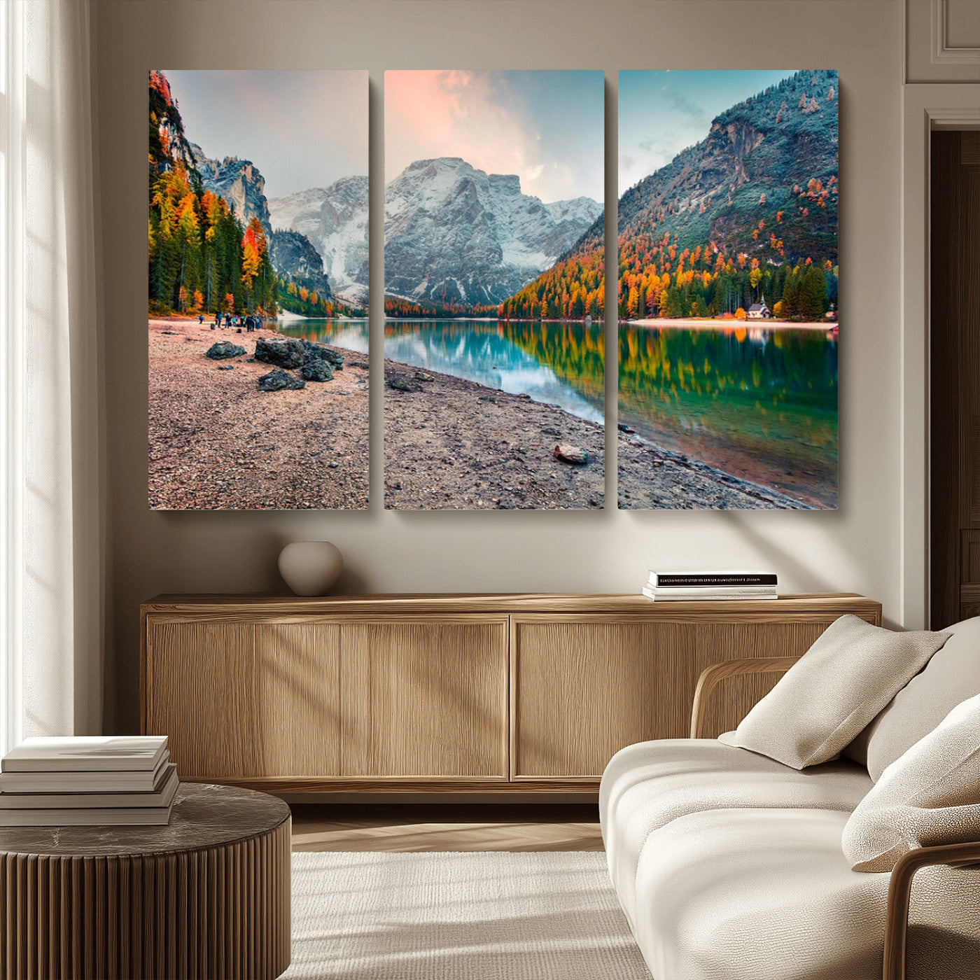 25982-MGV-CV-36X24-Autumn Mountain Lake Wall Art – Panoramic Fall Foliage and Snowy Peaks Canvas Print, Scenic Nature Decor for Living Room or Office