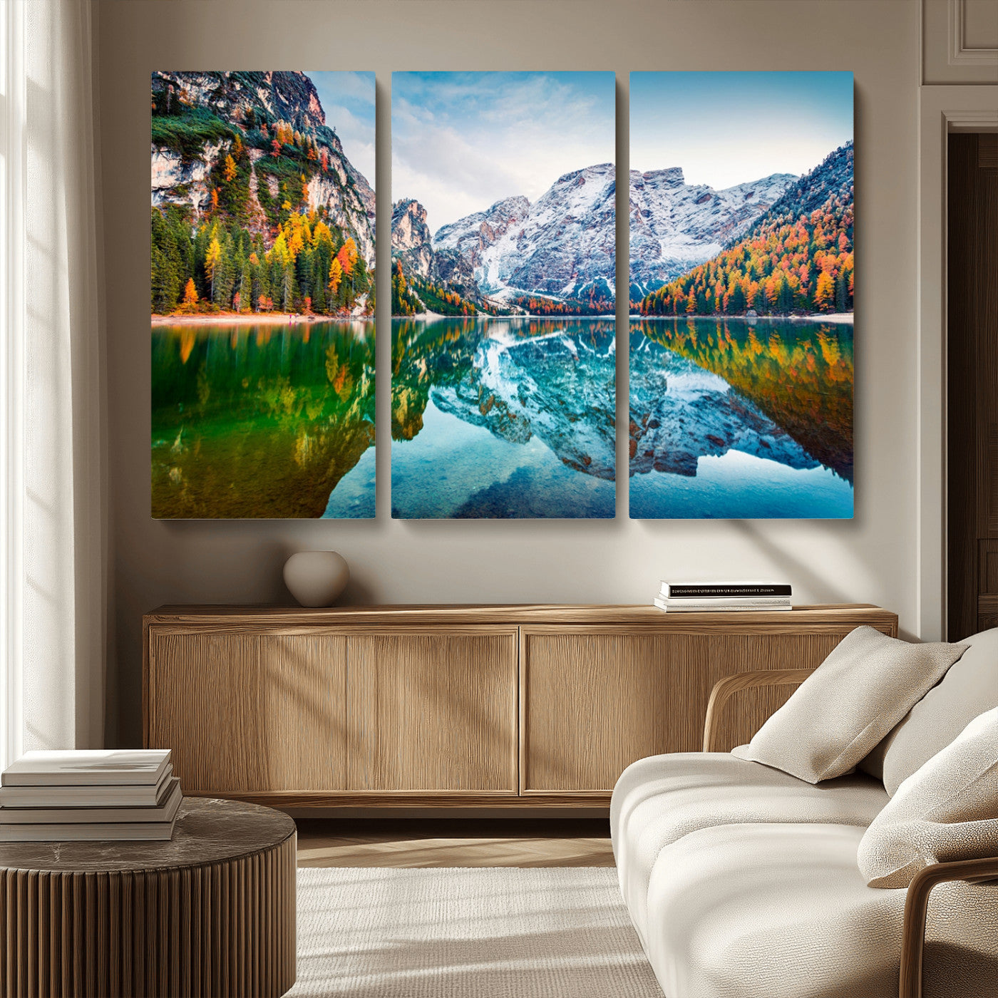 10402-MGV-CV-36X24-Snowy Mountain Lake Wall Art – Autumn Landscape Canvas Print with Reflection, Nature Decor for Living Room, Office, Bedroom or