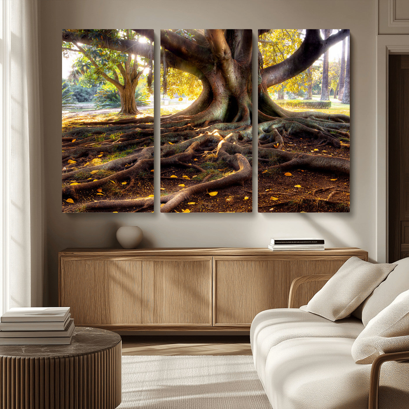 53335-MGV-CV-36X24-Majestic Tree with Sprawling Roots Wall Art – Serene Sunlit Park Scene, Nature Canvas Print, Perfect for Living Room, Office or