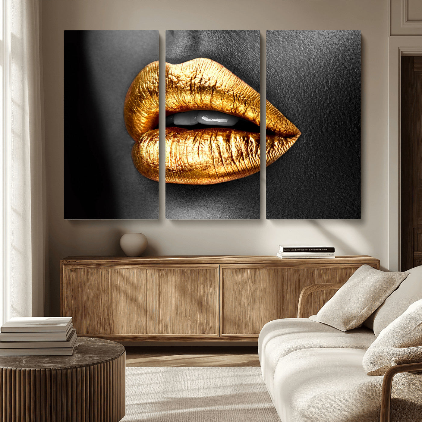 84747-MGV-CV-36X24-Golden Lips Black & White Portrait – Glamorous Metallic Lip Art Print, Modern Wall Decor for Bedroom, Beauty & Fashion Lover Gift