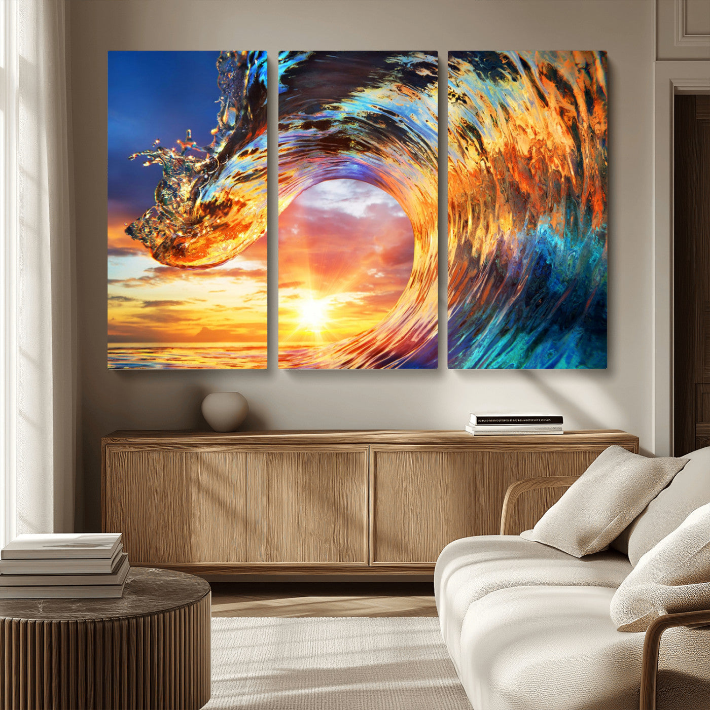 52890-MGV-CV-36X24-Surfing Wave Wall Art Canvas Print, Framed Sunset Ocean Art Picture Print, Ocean Wave Perfect Nautical Decor Artwork