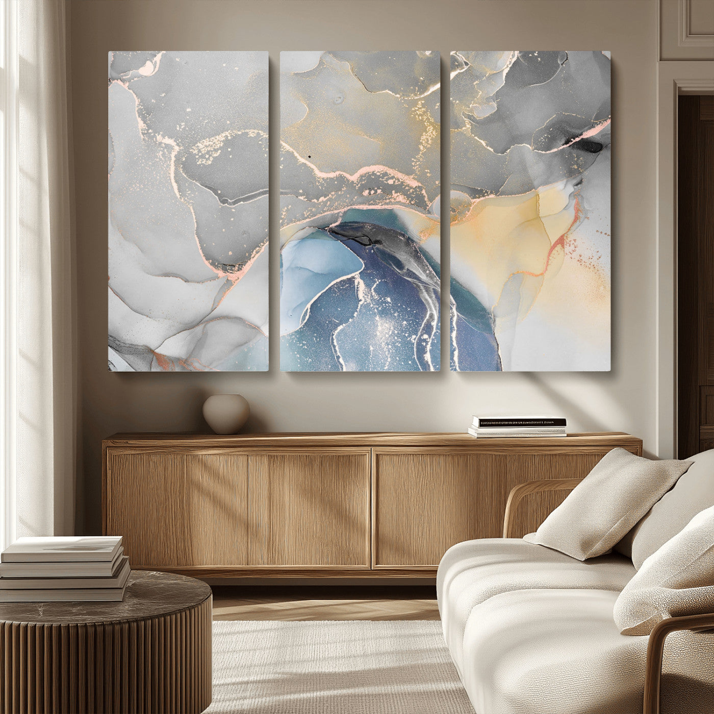 63211-MGV-CV-36X24-Abstract Fluid Art Wall Decor – Blue, Gray & Gold Canvas Print, Modern Home and Office Wall Art Decor for Living Room, Bedroom or