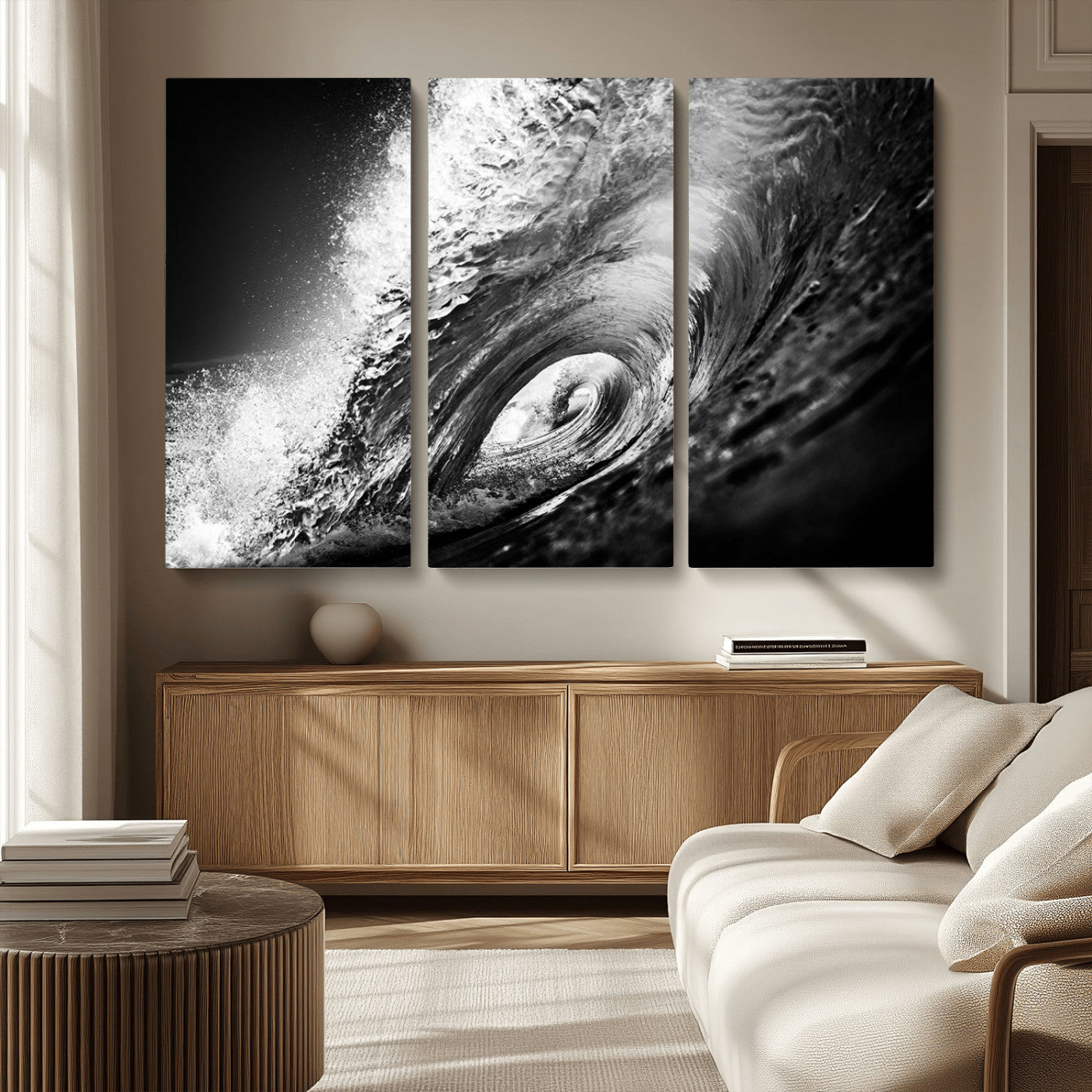 22702-MGV-CV-36X24-Black and White Ocean Wave Wall Art – Powerful Surf Curl Photography Canvas Print, Modern Coastal Decor for Living Room, Office or