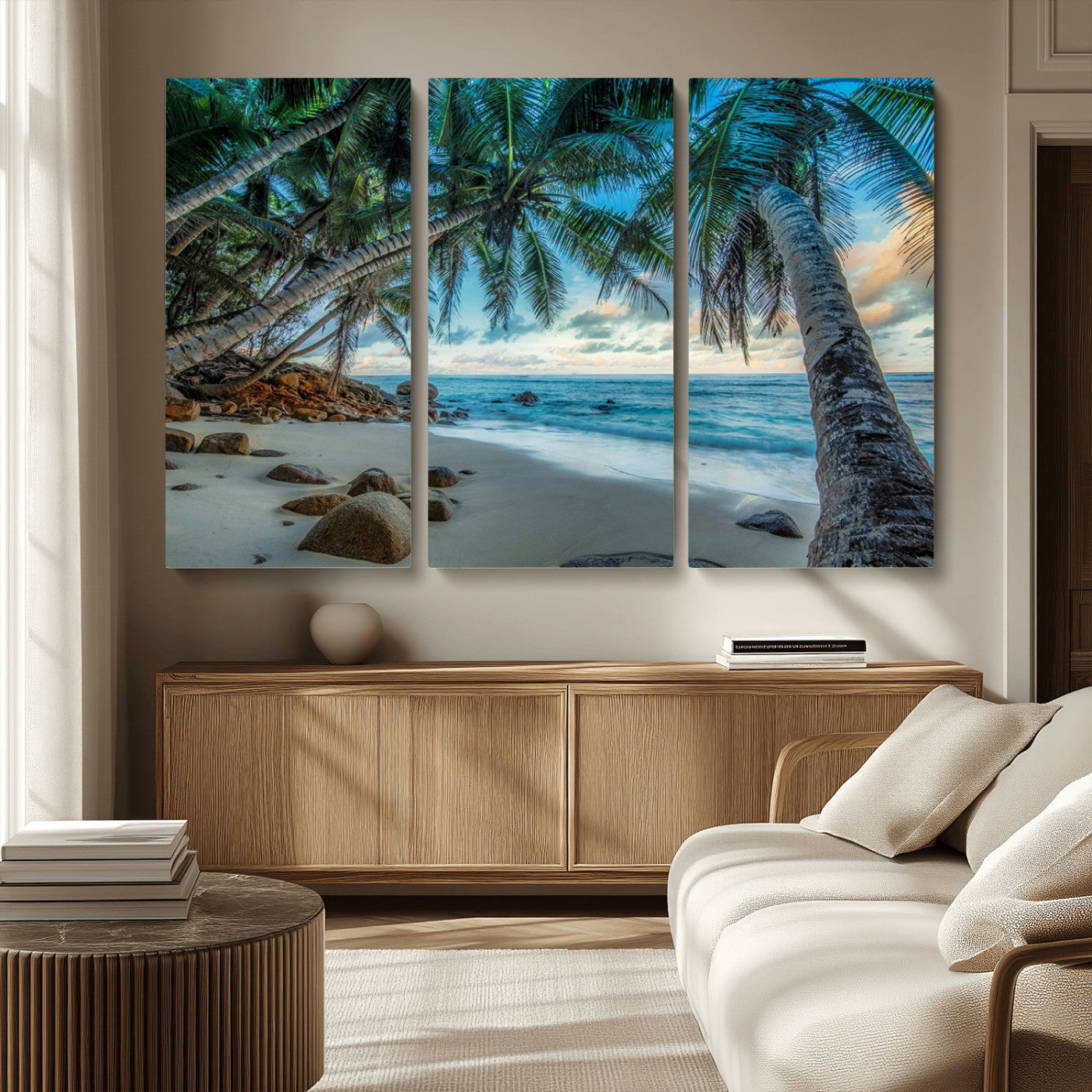 39679-MGV-CV-36X24-Tropical Palm Beach Wall Art – Serene Ocean Canvas Print with Palm Trees and Rocks, Coastal Paradise Decor for Living Room or