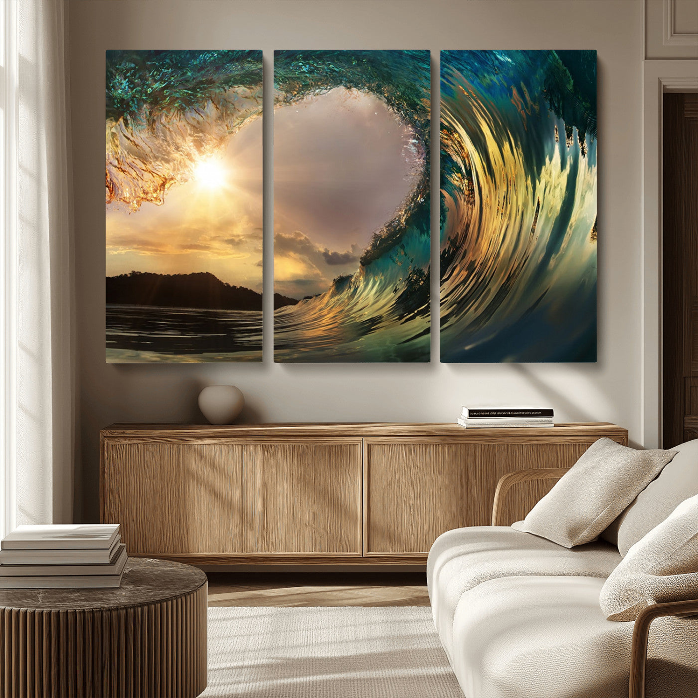 38256-MGV-CV-36X24-Ocean Wave Wall Art – Stunning Sunrise Through Curling Wave Canvas Print, Coastal Surf Photography Seascape Decor for Living Room,