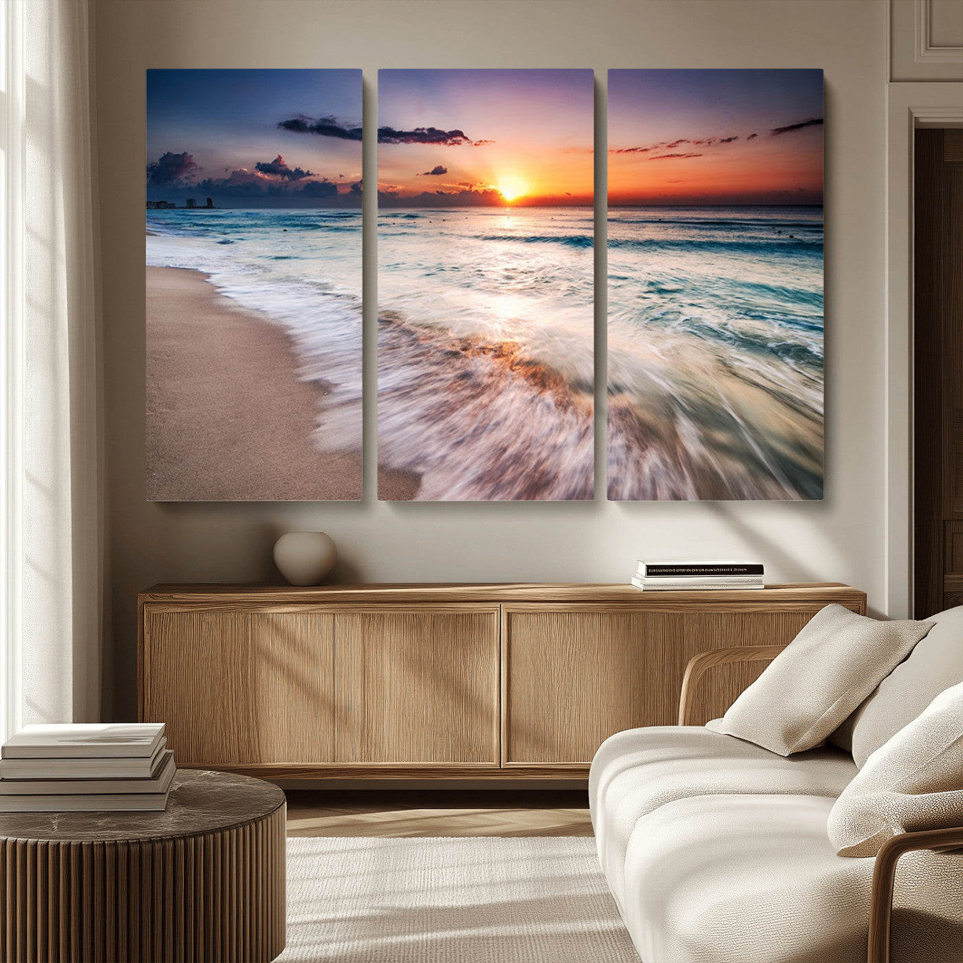 99906-MGV-CV-36X24-Morning Tide Canvas Print – Soft Sunrise Ocean Waves Wall Art, Coastal Serenity Decor for Home & Office