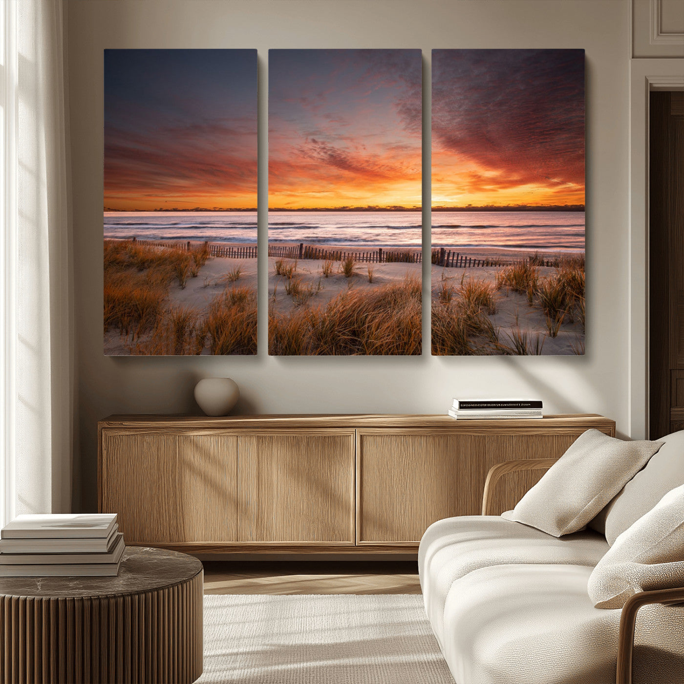 90176-MGV-CV-36X24-Beach Sunset Wall Art – Coastal Sand Dune Canvas Print with Ocean Waves and Dramatic Sky, Seaside Landscape Decor for Living Room