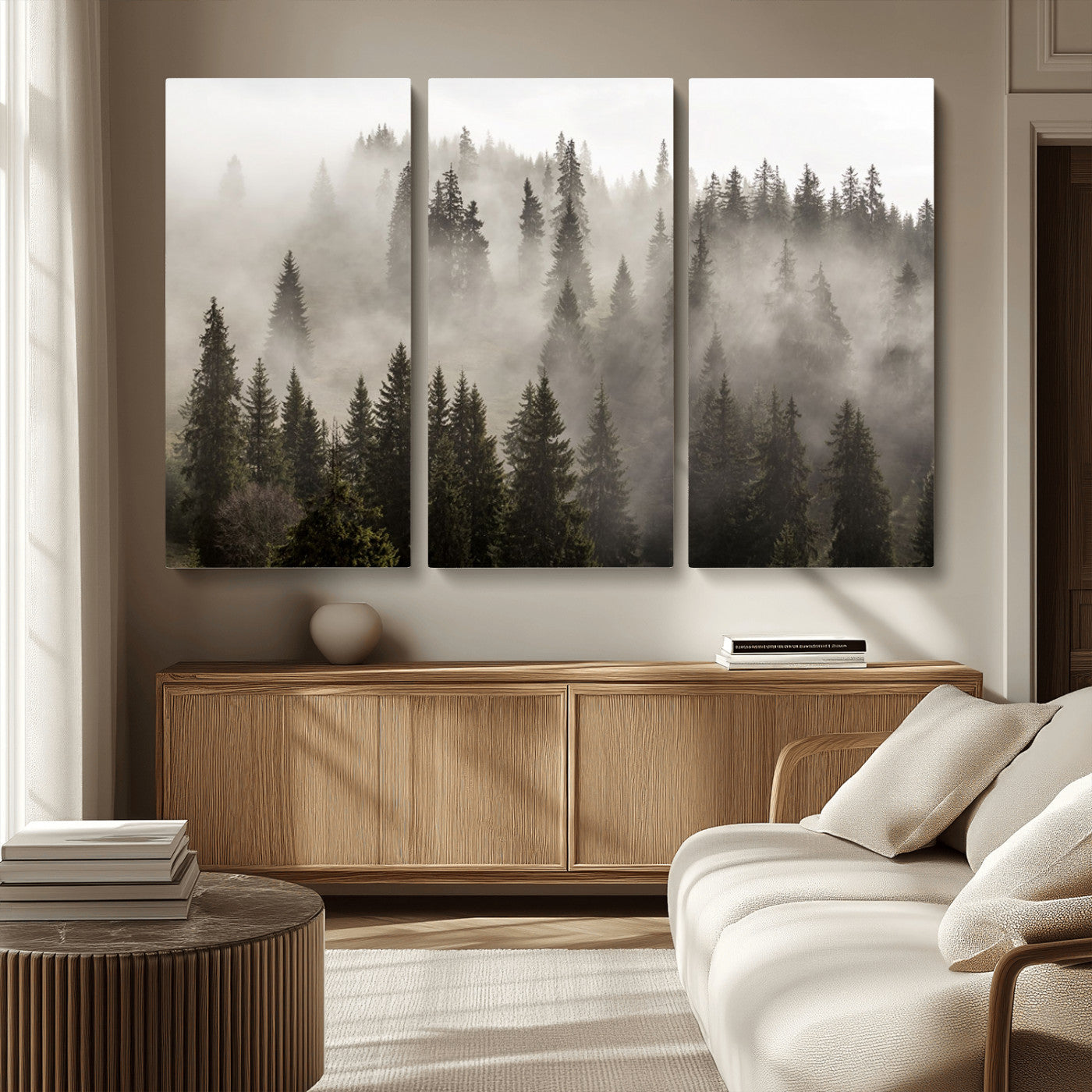 62862-MGV-CV-36X24-Misty Forest Wall Art – Tranquil Pine Tree Canvas Print with Mountain Fog, Nature Landscape Artwork for Living Room, Bedroom, or