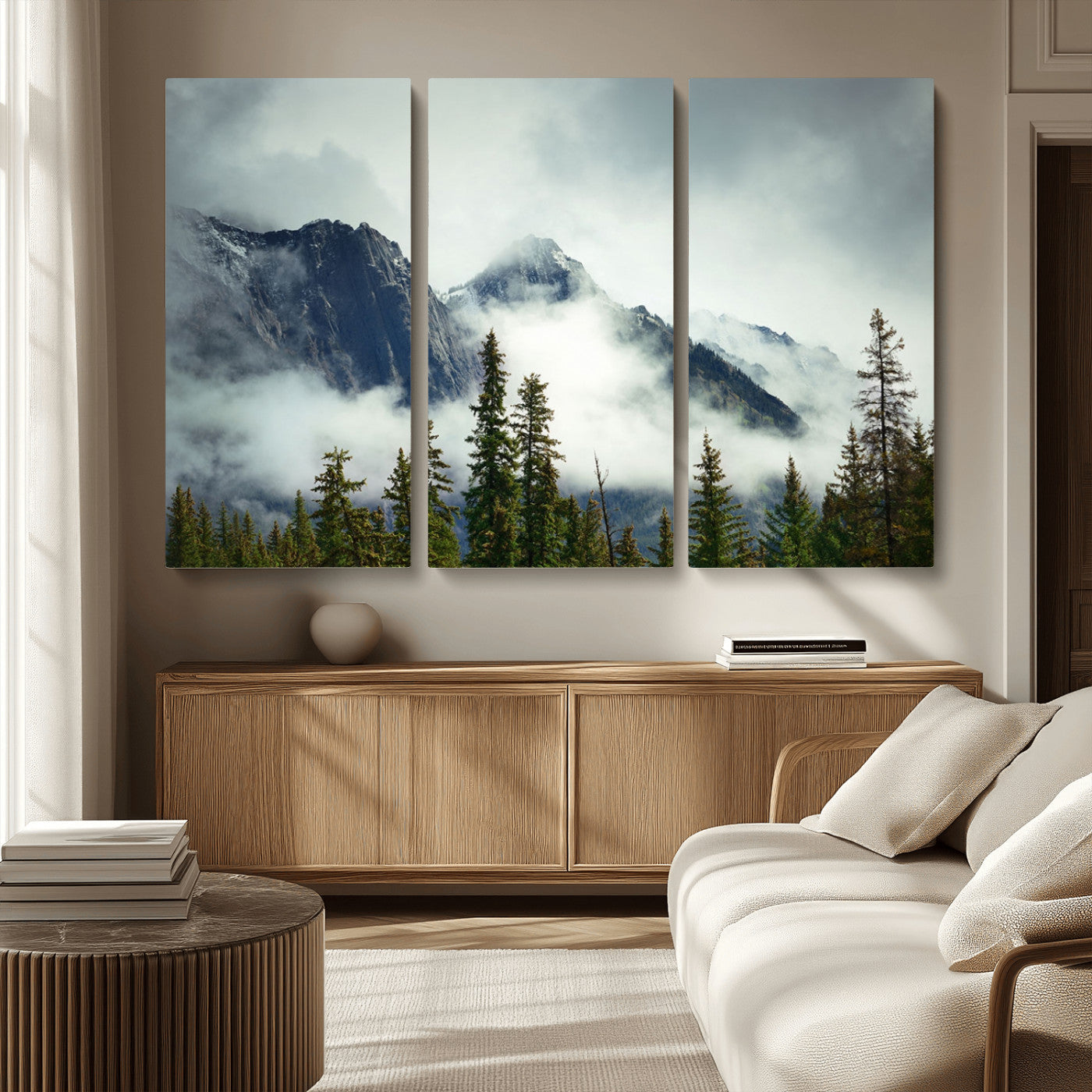 93219-MGV-CV-36X24-Misty Mountain Wall Art – Foggy Pines and Rocky Peaks Canvas Print, Nature Landscape Decor for Living Room, Office or Bedroom