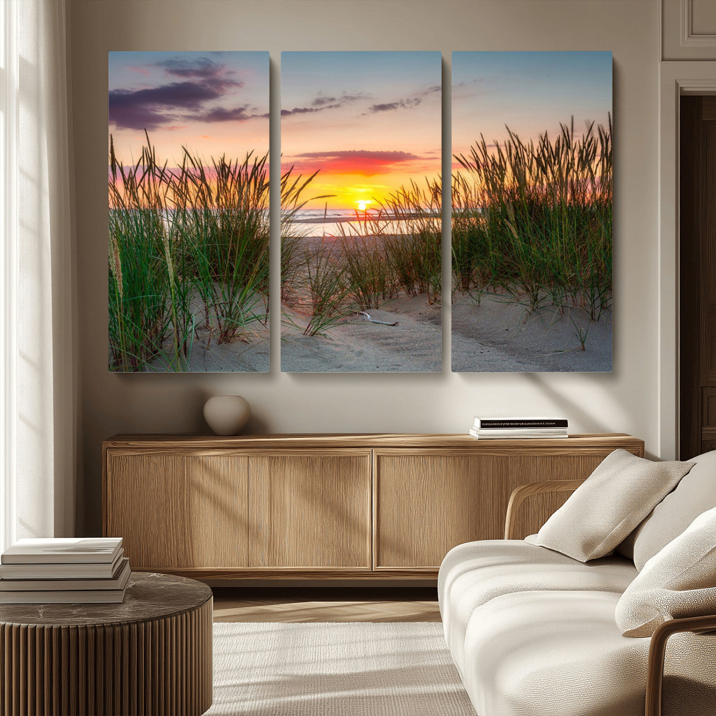 25576-MGV-CV-36X24-Beach Grass Sunset Wall Art – Coastal Sand Dune Landscape Canvas Print, Ocean View Nature Decor for Living Room or Office Wall