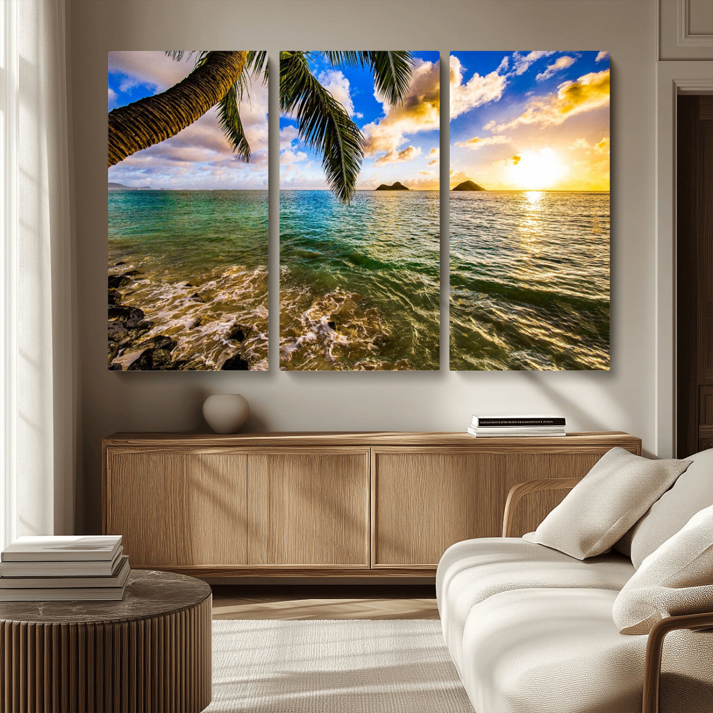 68606-MGV-CV-36X24-Tropical Palm Tree Ocean Wall Art – Sunset Beach Seascape Print, Coastal Paradise Decor for Living Room or Office