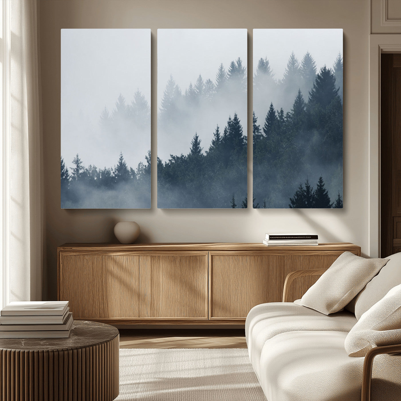 23671-MGV-CV-36X24-Misty Forest Wall Art – Serene Foggy Pine Trees Landscape Canvas Print, Tranquil Nature Decor for Living Room, Bedroom or Office