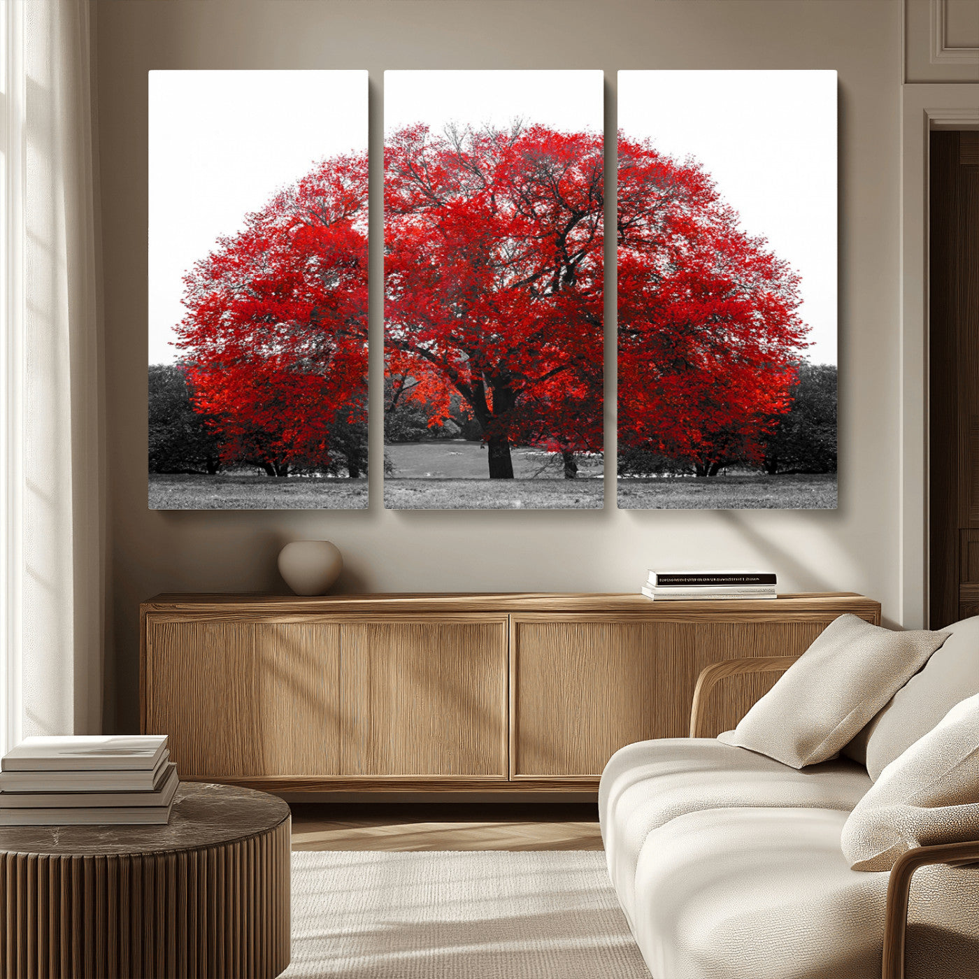 80021-MGV-CV-36X24-Red Tree Wall Art – Striking Black and White Landscape Canvas Print with Vibrant Red Leaves, Modern Nature Decor for Living Room