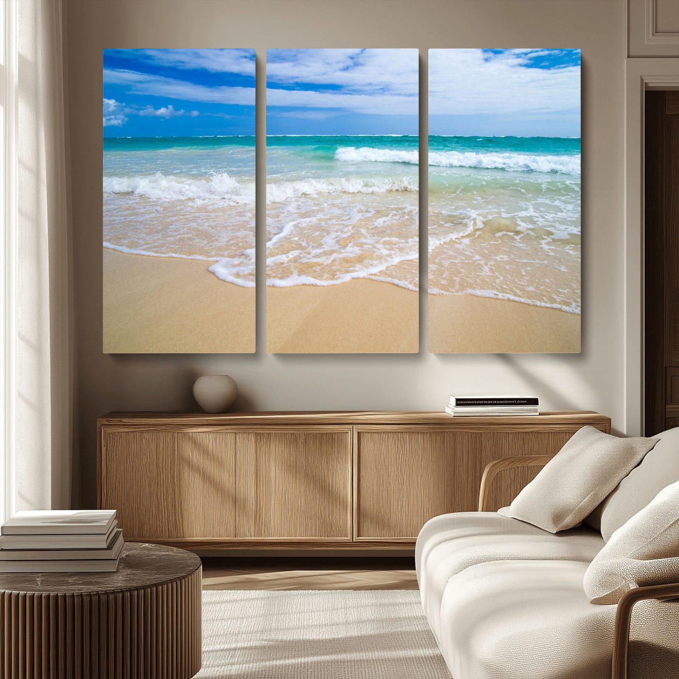 20660-MGV-CV-36X24-Ocean Wave Beach Wall Art – Serene Blue Sea and Sandy Shore Canvas Print, Coastal Landscape Photography Decor for Living Room or