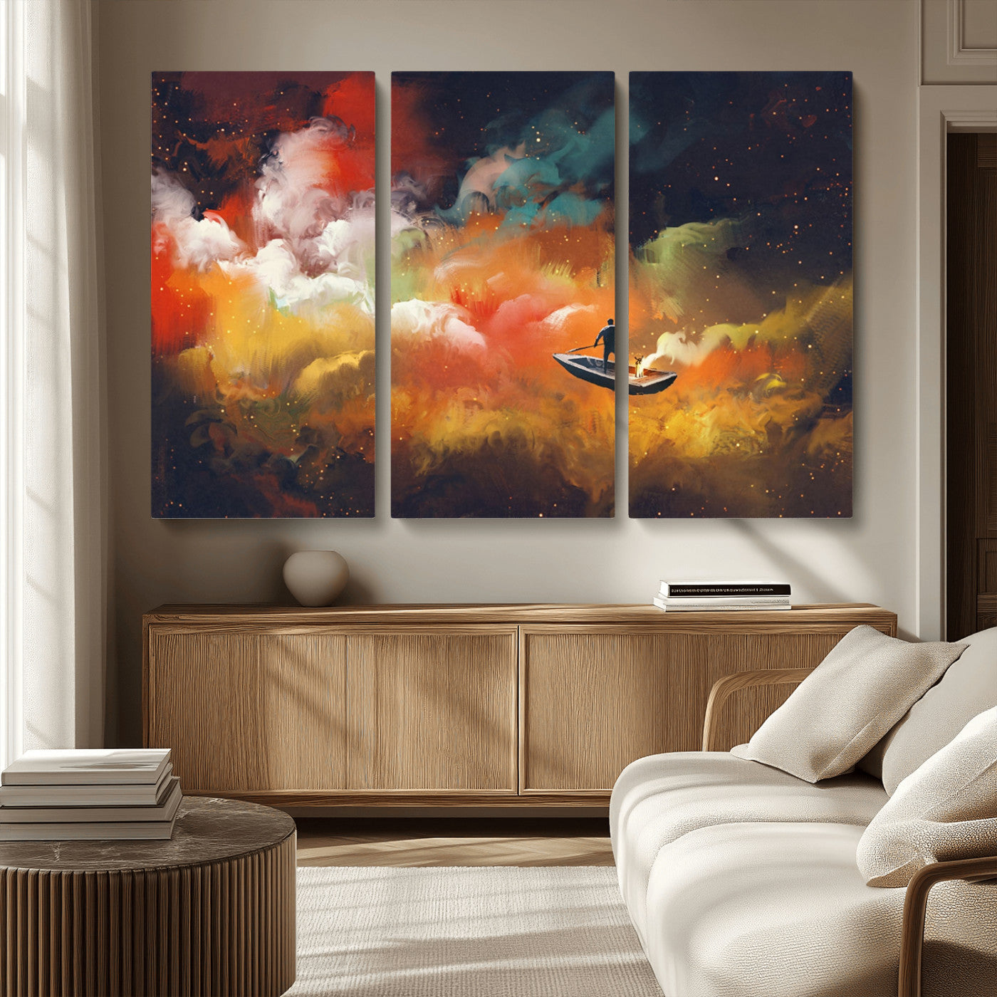 45085-MGV-CV-36X24-Surreal Cosmic Wall Art – Abstract Galaxy Dreamscape Canvas Print with Man and Dog in Boat, Fantasy Nebula Painting for Living
