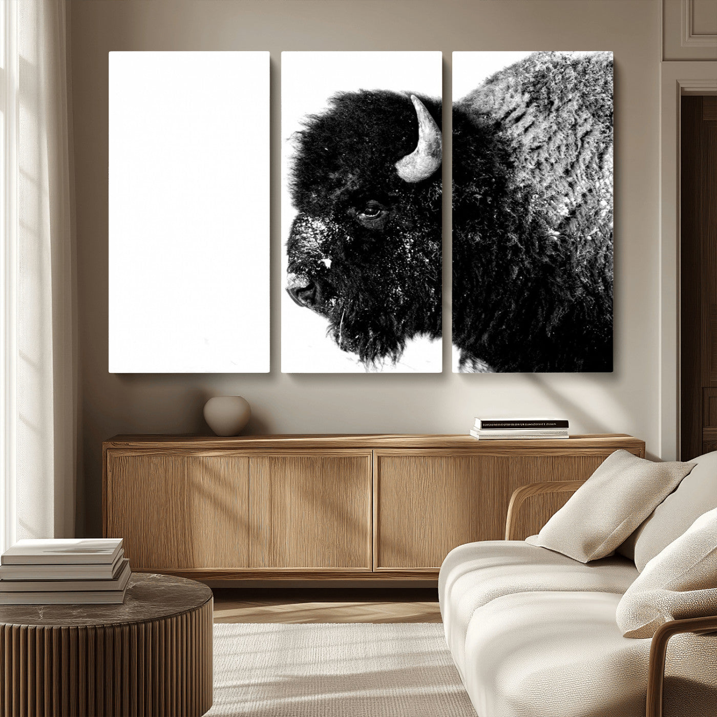 68780-MGV-CV-36X24-Bison Close-Up Wall Art – Black and White Buffalo Canvas Print, Rustic Wildlife Photography Decor for Living Room, Office, or