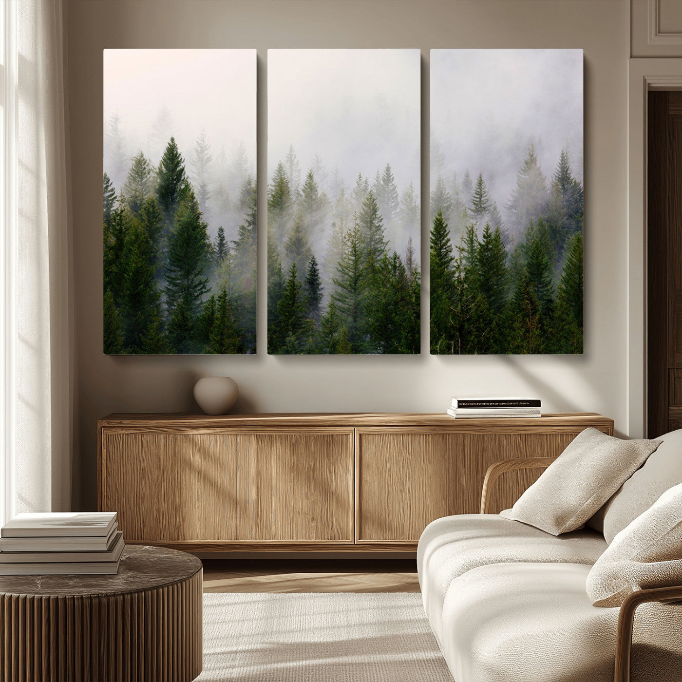 11436-MGV-CV-36X24-Misty Forest Wall Art – Tranquil Evergreen Tree Canvas Print with Foggy Landscape, Nature Inspired Artwork for Bedroom, Living