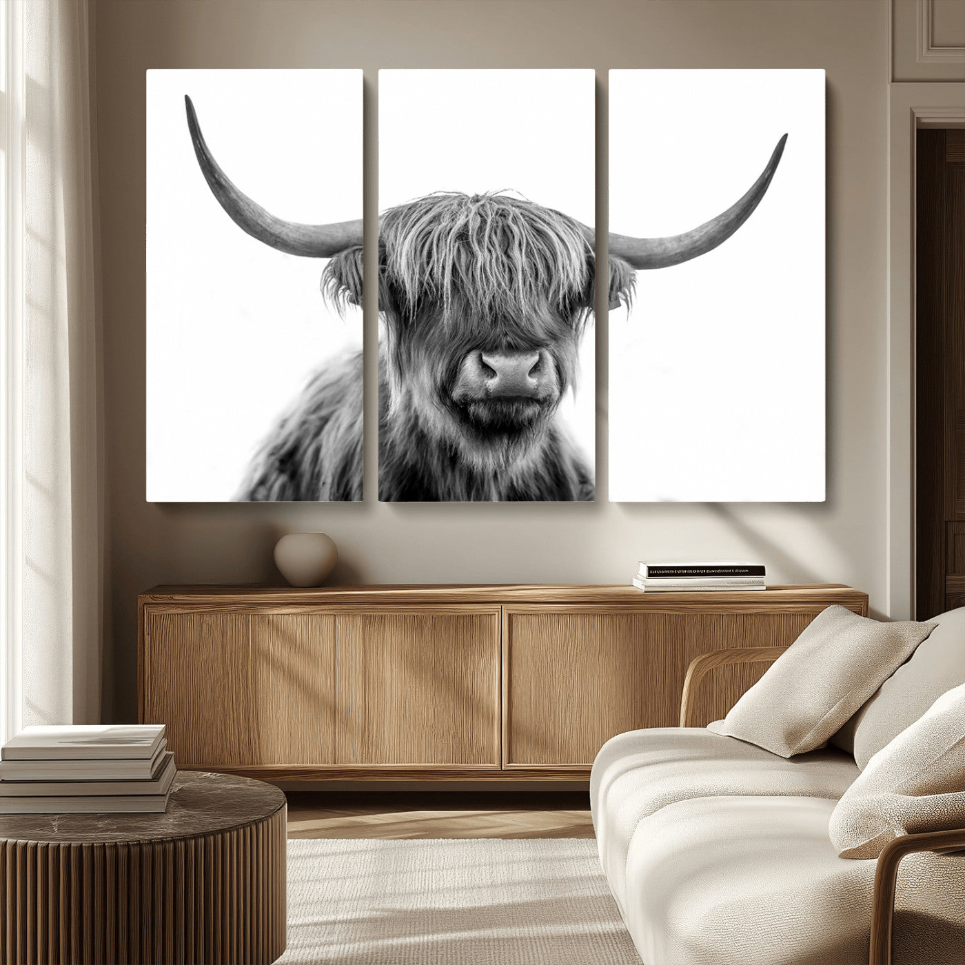 10123-MGV-CV-36X24-Black and White Highland Cow Wall Art – Modern Farmhouse Animal Print, Rustic Scottish Bull Canvas Decor for Living Room, Bedroom,