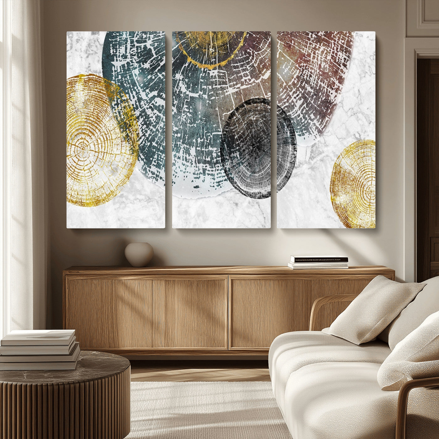 70653-MGV-CV-36X24-Abstract Tree Ring Wall Art – Modern Rustic Wood Slice Canvas Print with Gold Accents, Contemporary Nature Decor for Living Room,