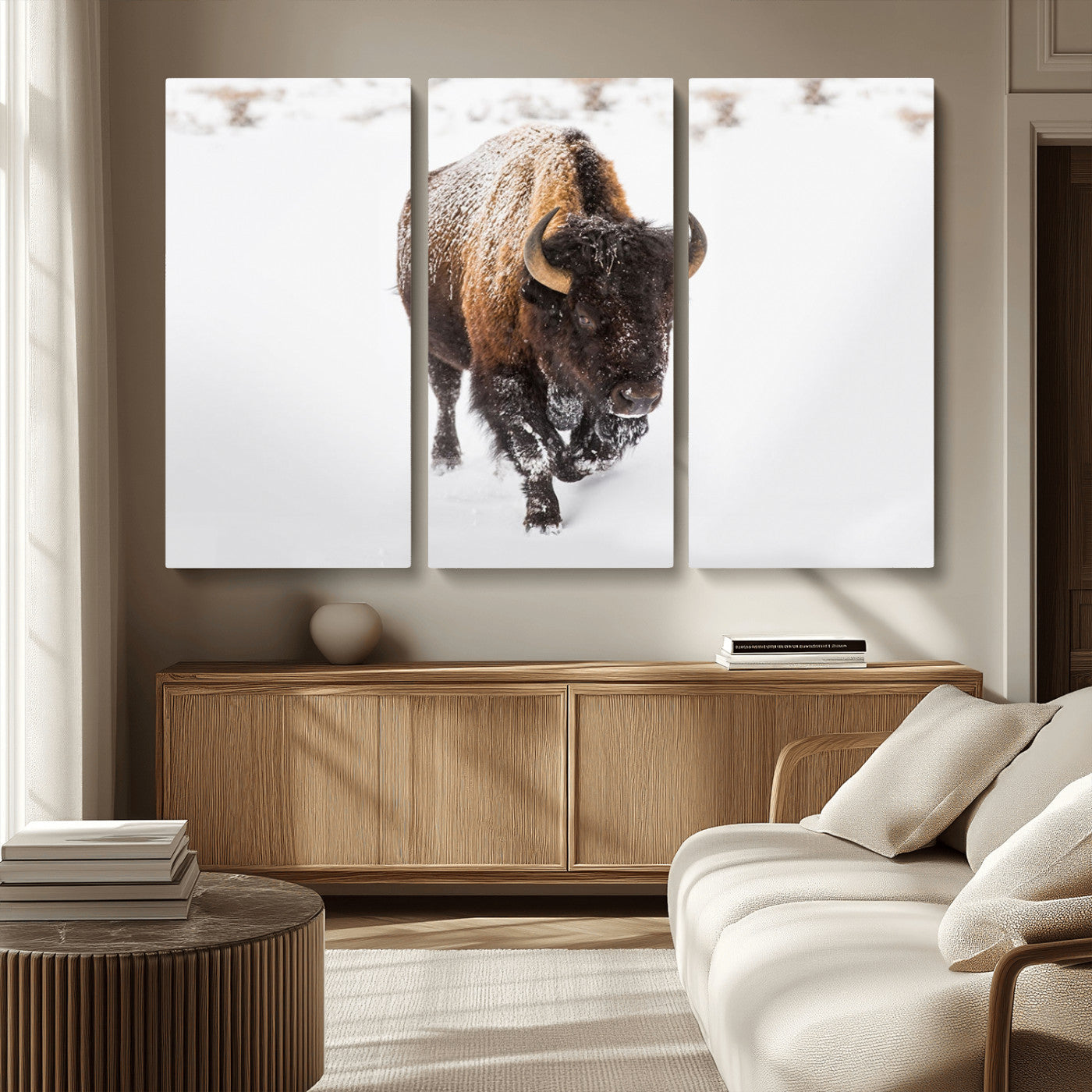 19889-MGV-CV-36X24-Snow Bison Wall Art – Majestic Buffalo Winter Landscape Canvas Print, Rustic Wildlife Photography Decor for Cabin, Lodge, Living