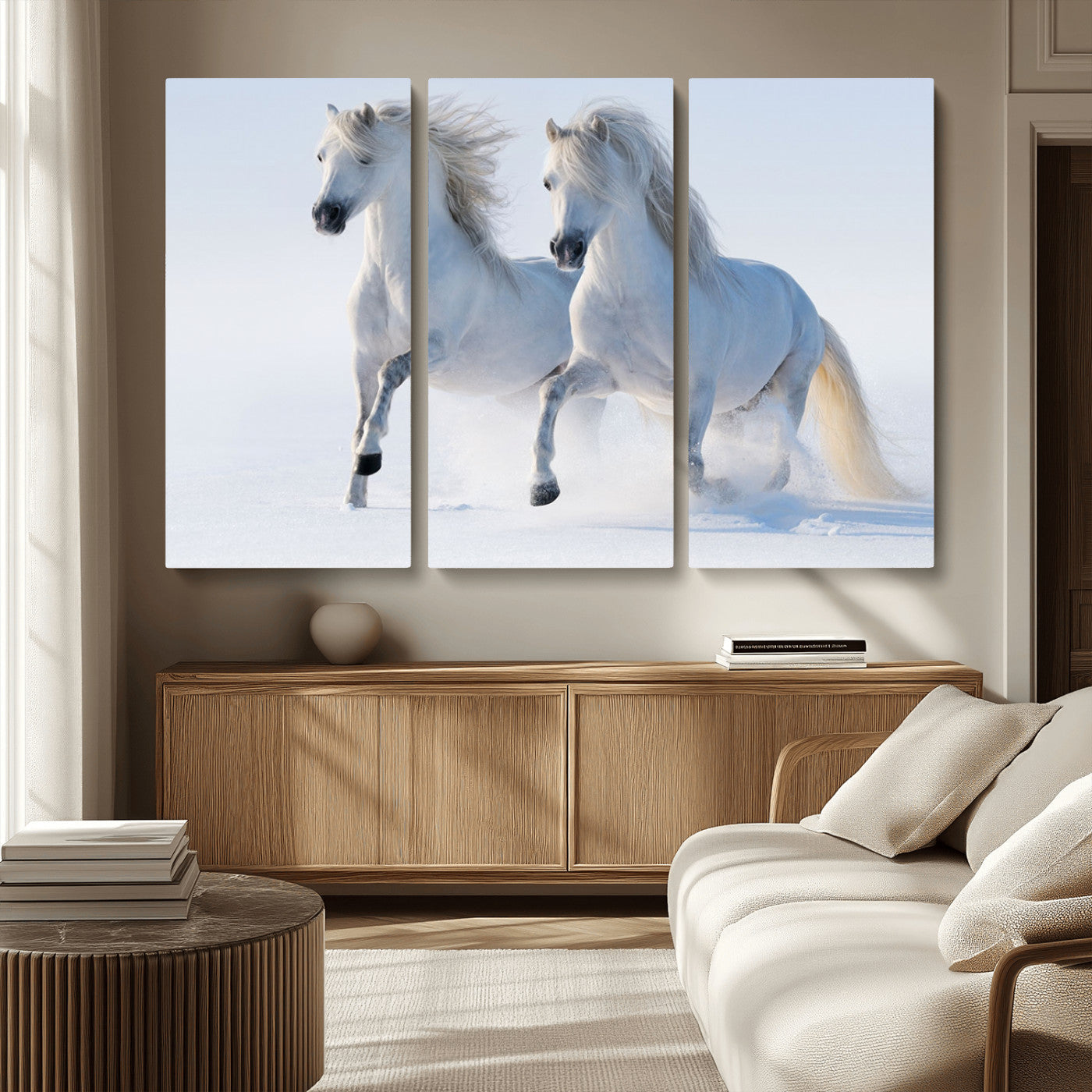 80145-MGV-CV-36X24-White Horses Running Snow Wall Art – Majestic Equine Canvas Print, Winter Nature Photography Decor for Living Room, Office,