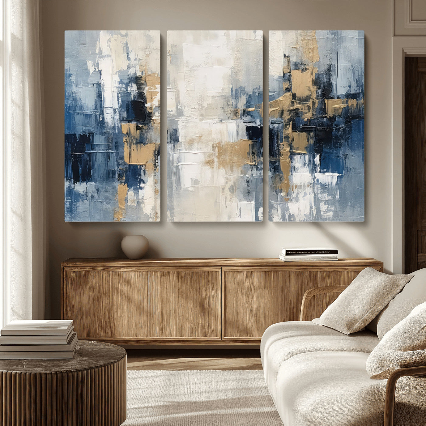 44344-MGV-CV-36X24-Abstract Blue and Gold Wall Art – Modern Hand Painted Canvas Print, Contemporary Textured Painting for Living Room, Bedroom or