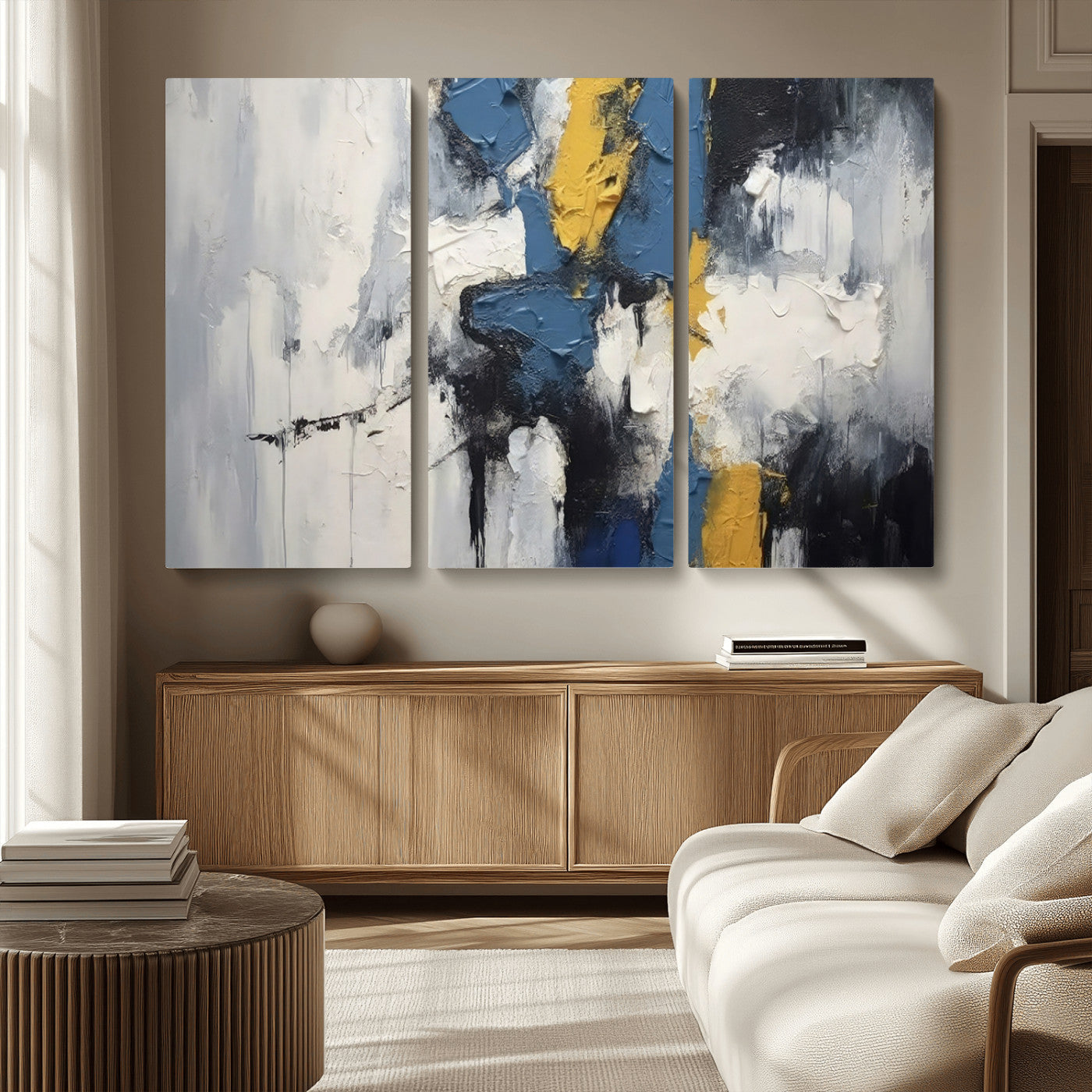 63850-MGV-CV-36X24-Abstract Blue and Yellow Wall Art – Modern Textured Canvas Painting, Bold Contemporary Artwork for Living Room, Bedroom or Office