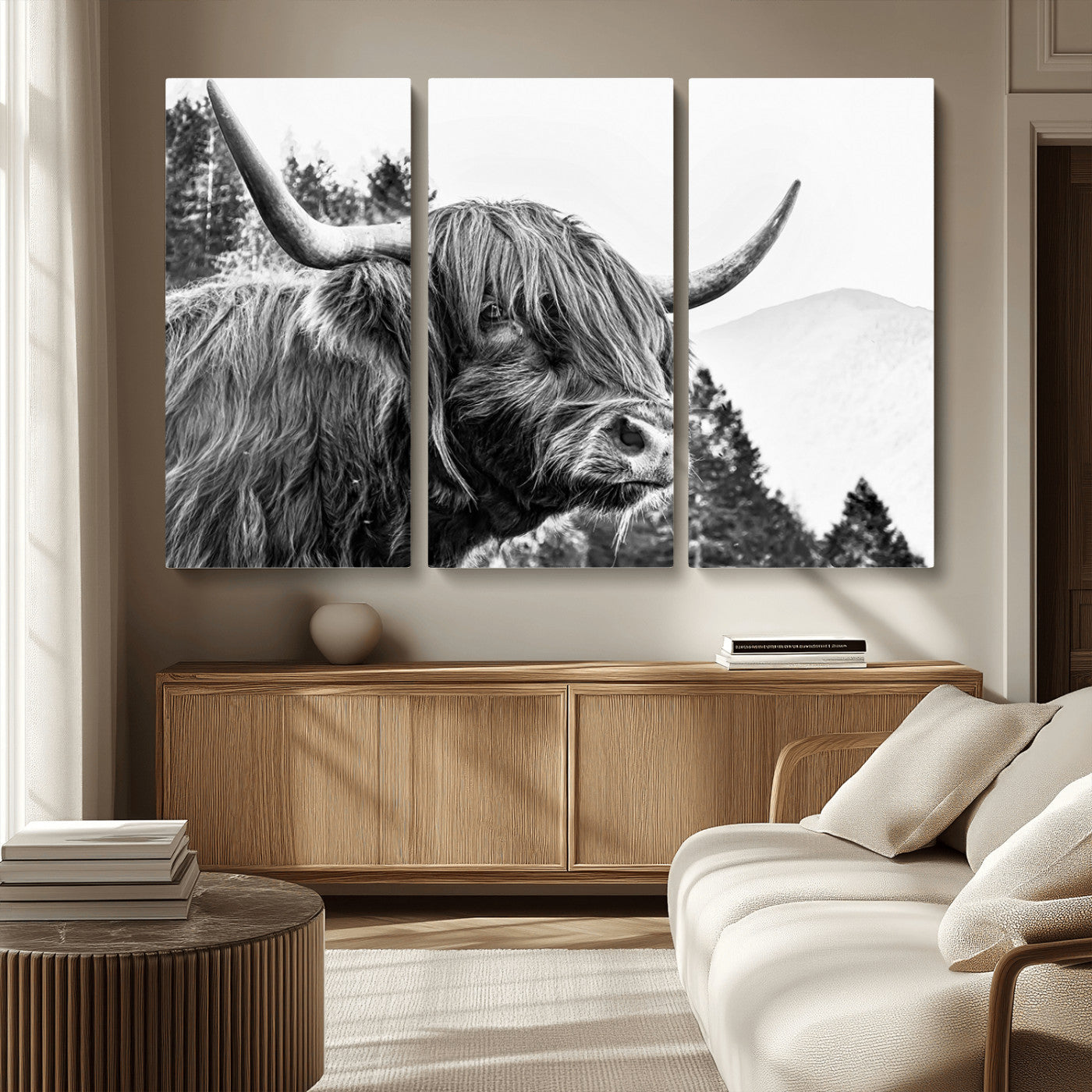 61570-MGV-CV-36X24-Highland Cow Wall Art – Black and White Scottish Bull Canvas Print, Rustic Farmhouse Animal Decor for Living Room, Bedroom, or