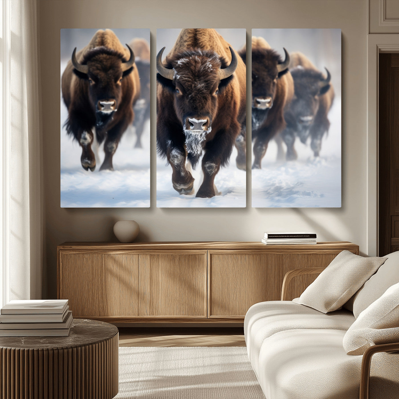 80512-MGV-CV-36X24-Bison Herd Wall Art – Buffalo Running in Snow Canvas Print, Rustic Wildlife Photography Decor for Cabin, Lodge, or Living Room