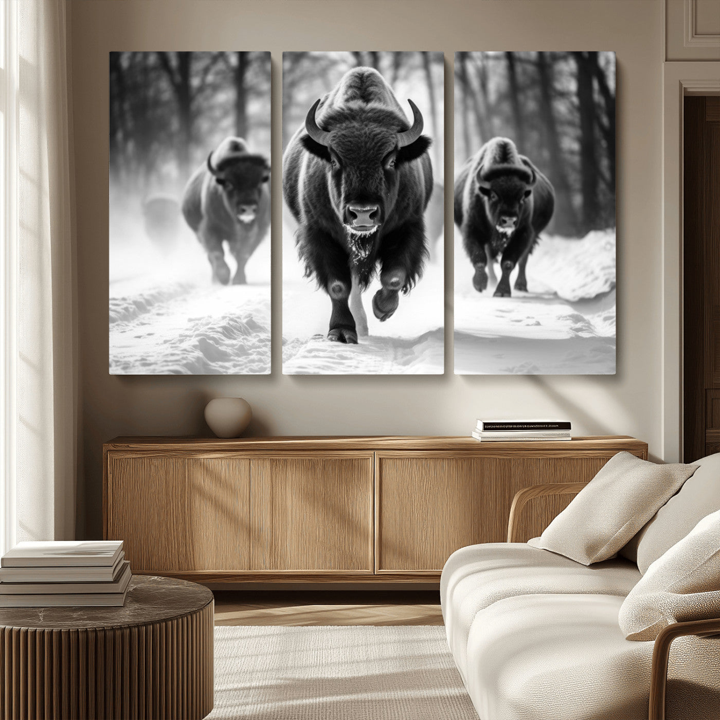 97552-MGV-CV-36X24-Black and White Bison Wall Art – Buffalo Herd Running in Snow Canvas Print, Rustic Wildlife Photography Decor for Cabin, Lodge, or