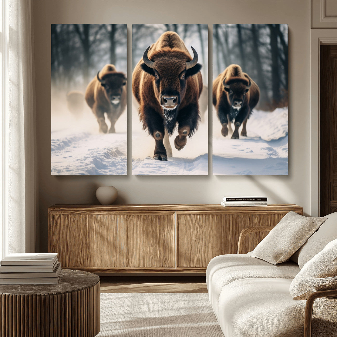 56549-MGV-CV-36X24-Wild Bison Wall Art – Majestic Buffalo Herd Running in Snow Canvas Print, Rustic Wildlife Photography Decor for Cabin, Lodge, or