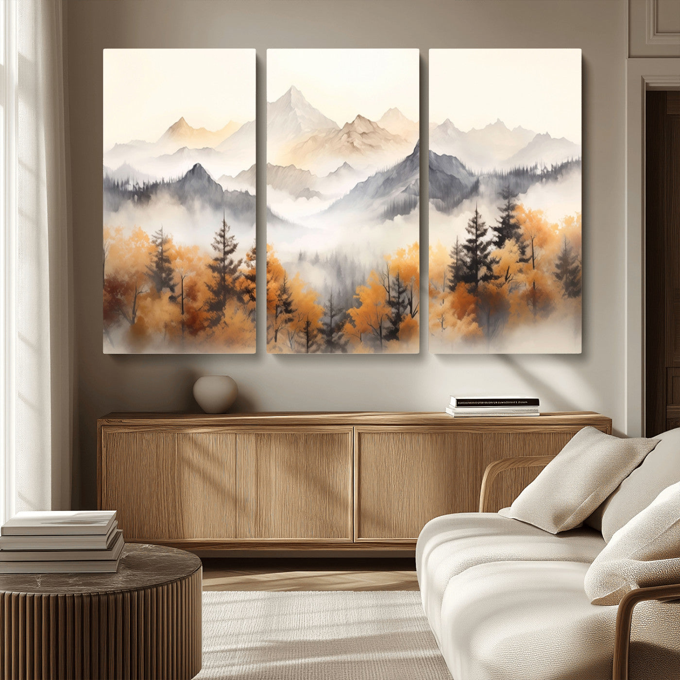 70049-MGV-CV-36X24-Autumn Mountain Forest Wall Art – Misty Landscape Canvas Print, Rustic Nature Inspired Decor for Living Room, Bedroom or Office