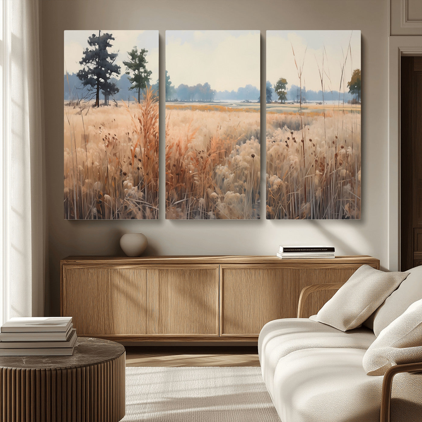 98822-MGV-CV-48X32-3P-Autumn Meadow Wall Art – Tranquil Grassland Landscape Canvas Print, Rustic Country Decor for Living Room, Bedroom or Farmhouse