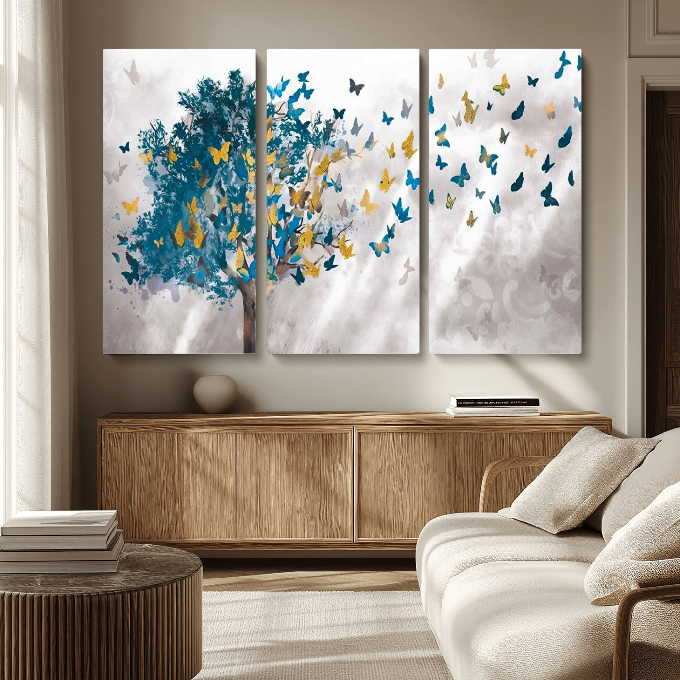 37564-MGV-CV-36X24-Butterfly Tree Wall Art – Modern Nature Canvas Print with Blue and Golden Butterflies, Elegant Decorative Painting for Living Room